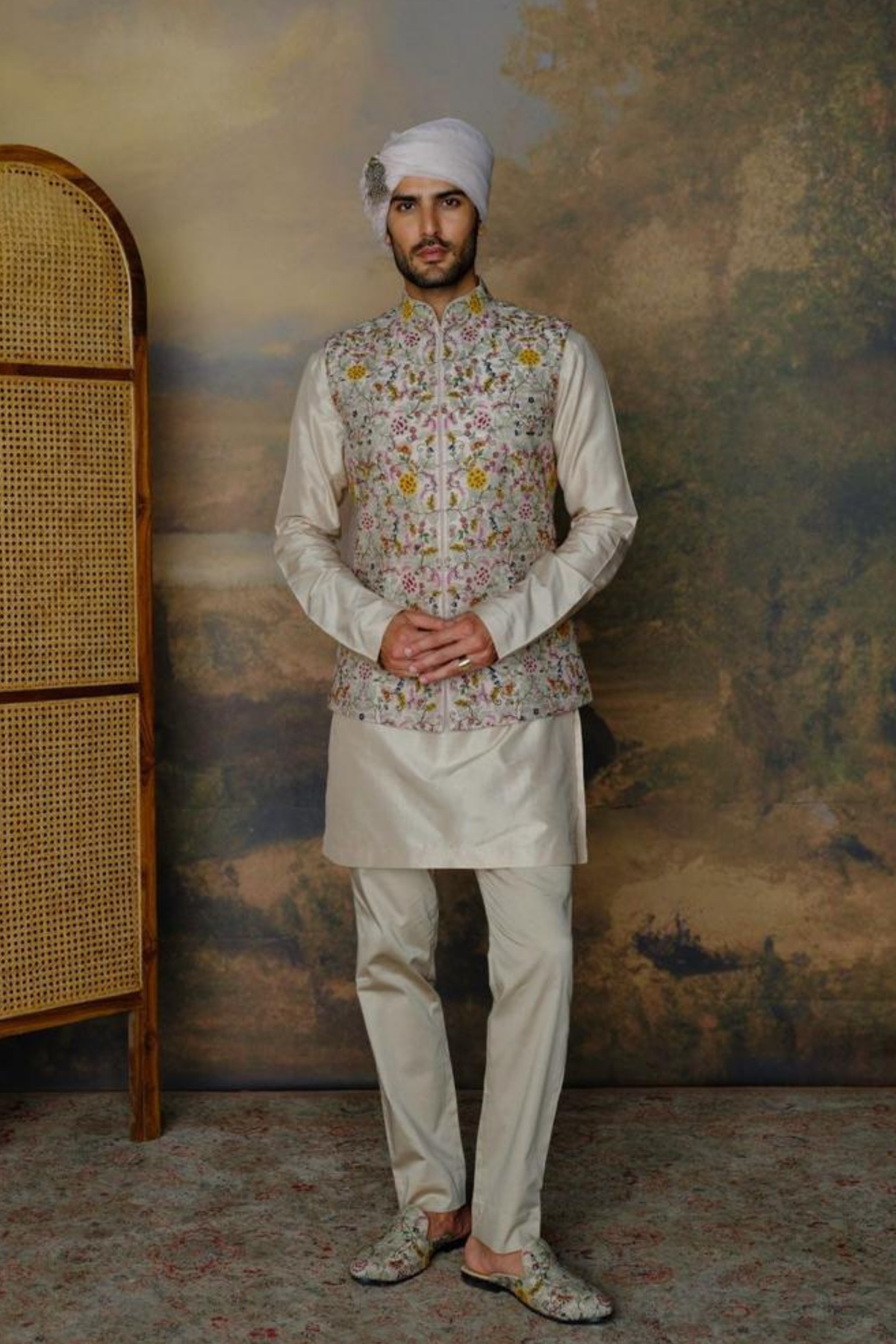 Beige Thread Work Bandi Set