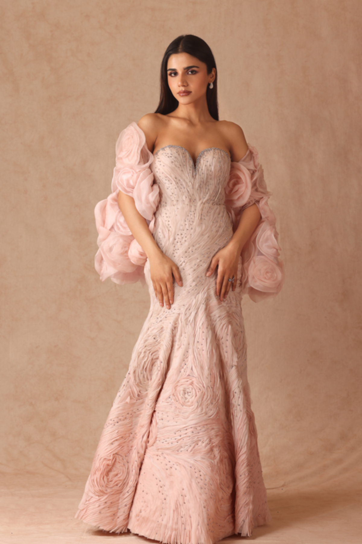 Ombre Textured Gown With 3d Flower Cape