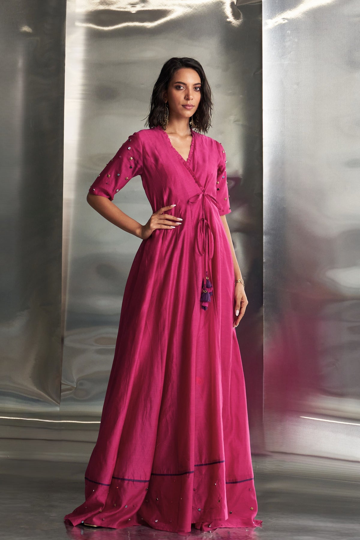 Pop Pink Tie-up Anarkali Set