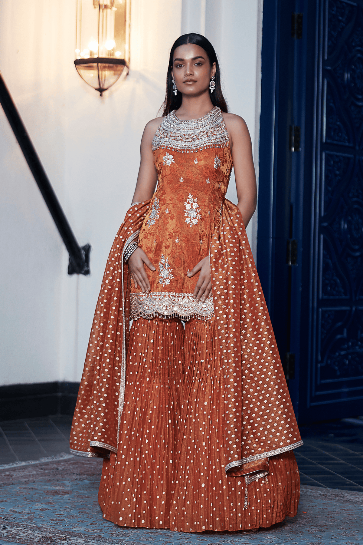 Rust Tissue Embroidered Sharara Set