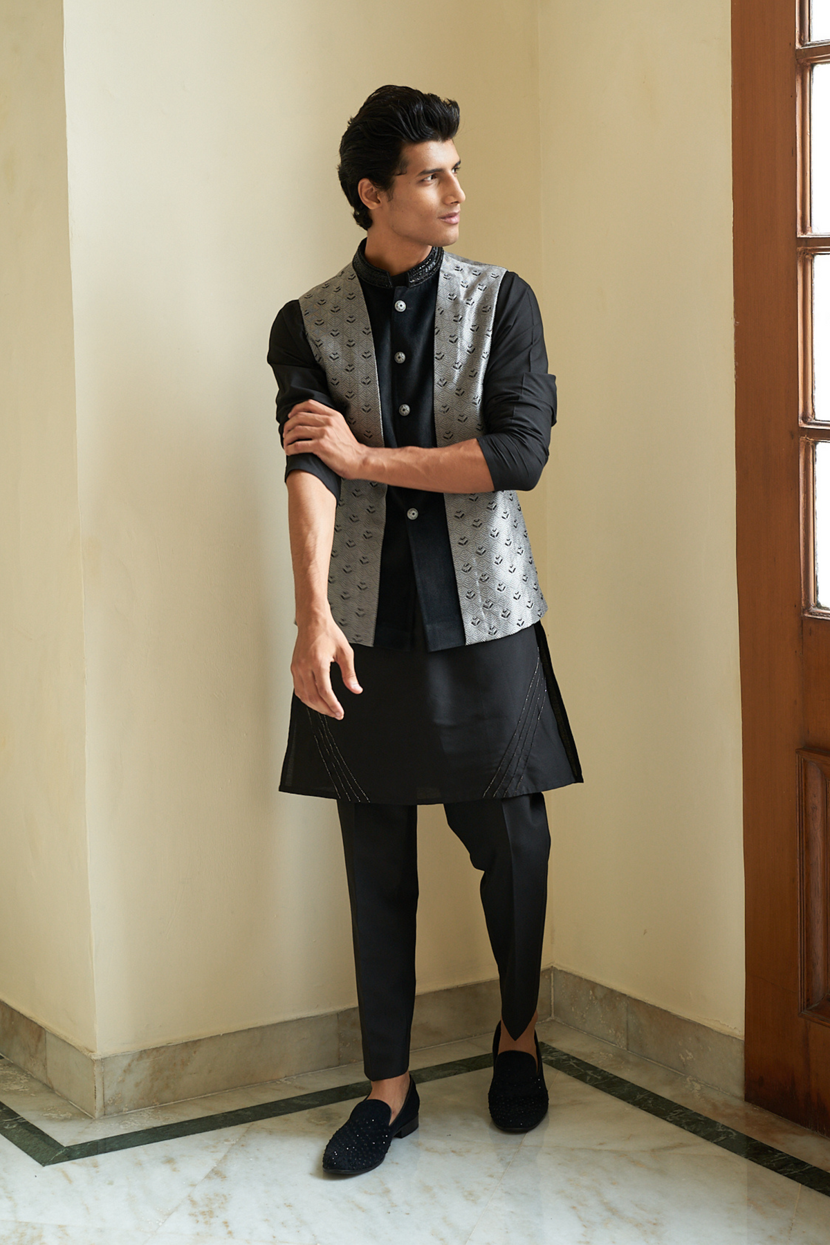 Sheen Black Nehru Jacket Set