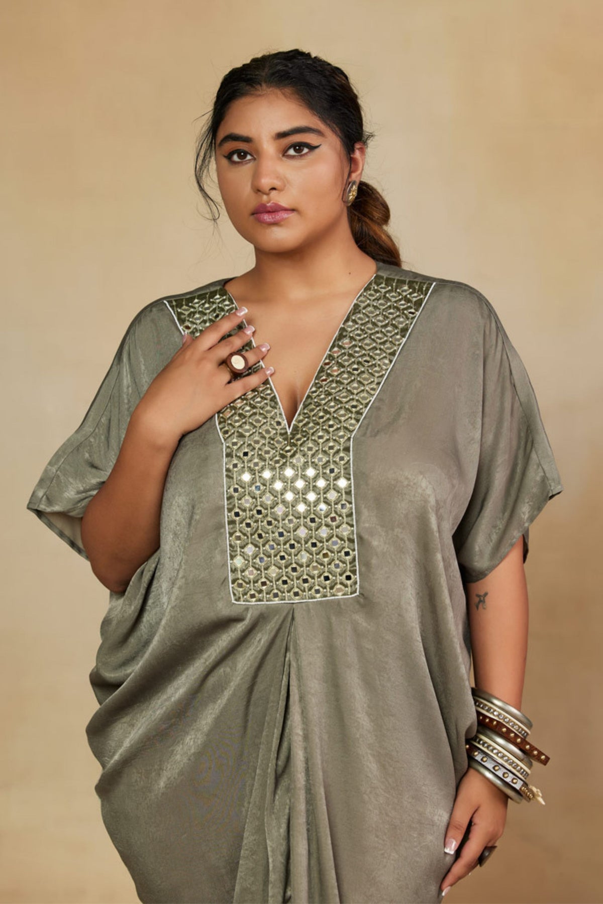 Moss Green Mirror Work Kaftan Dress