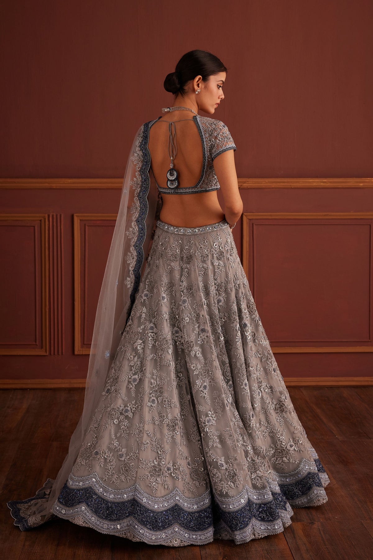 Grey Bead Embellished Scalloped Lehenga