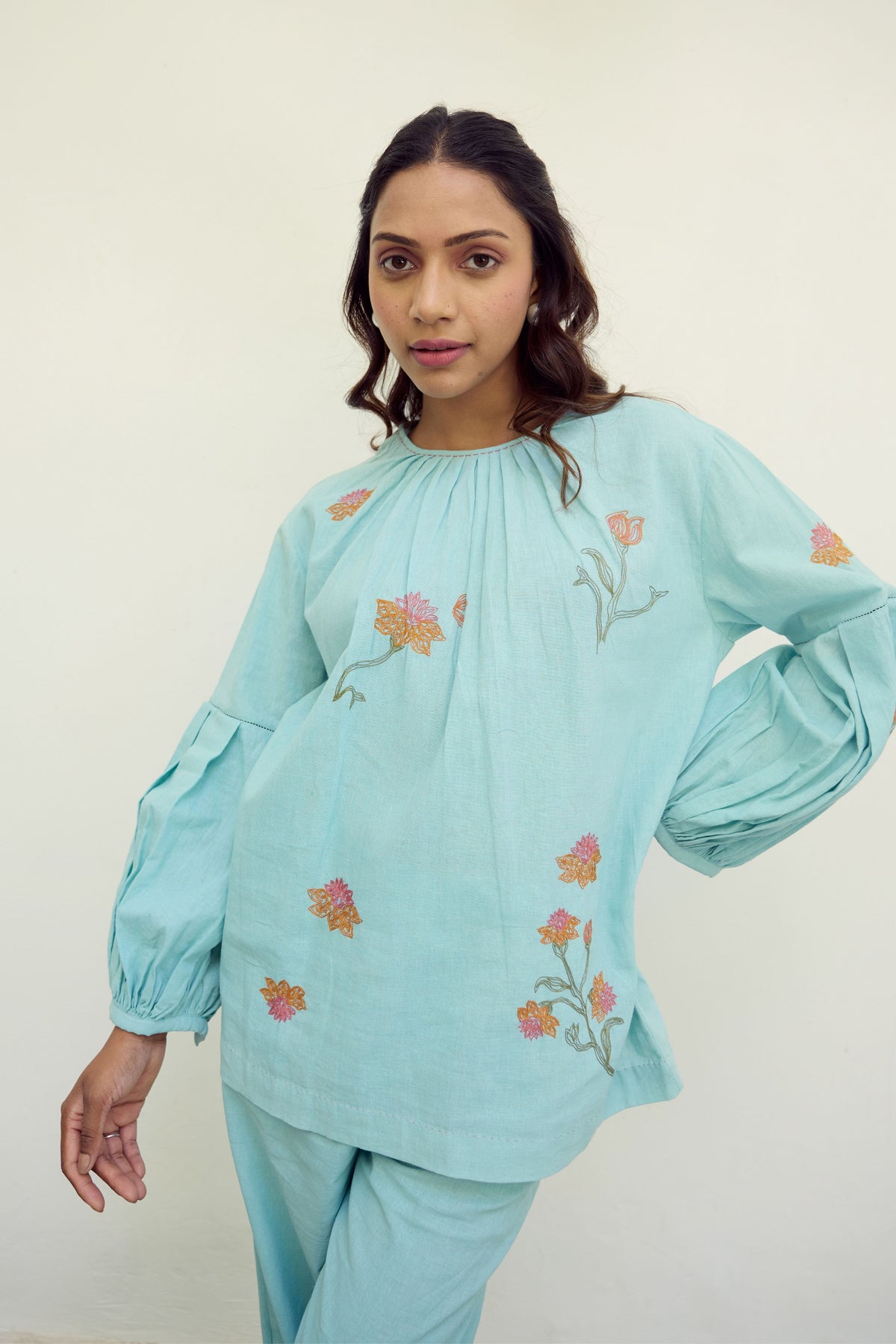 Hand Embroidered Turquoise Cotton Top