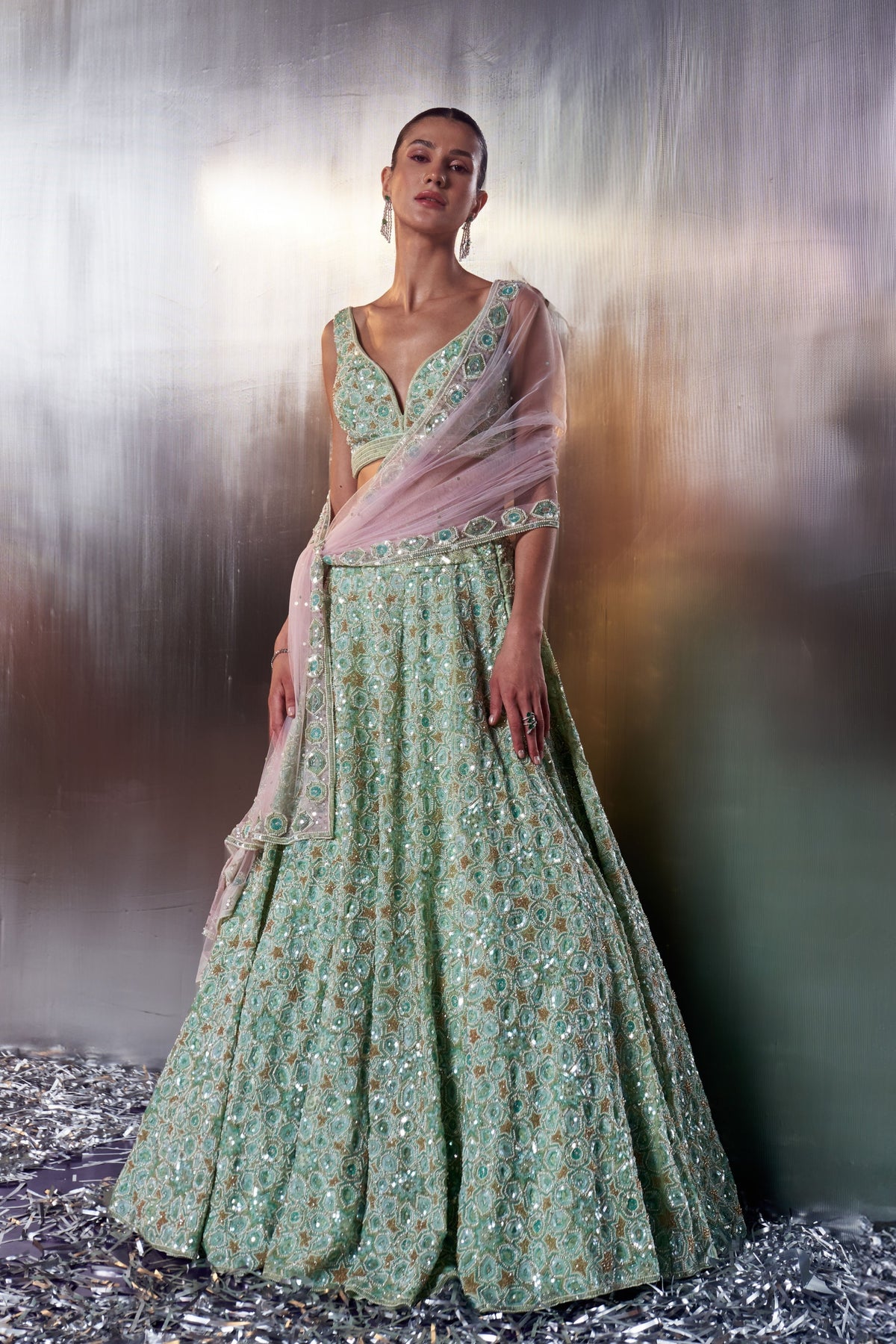 Sea Green Crystals Lehenga Set