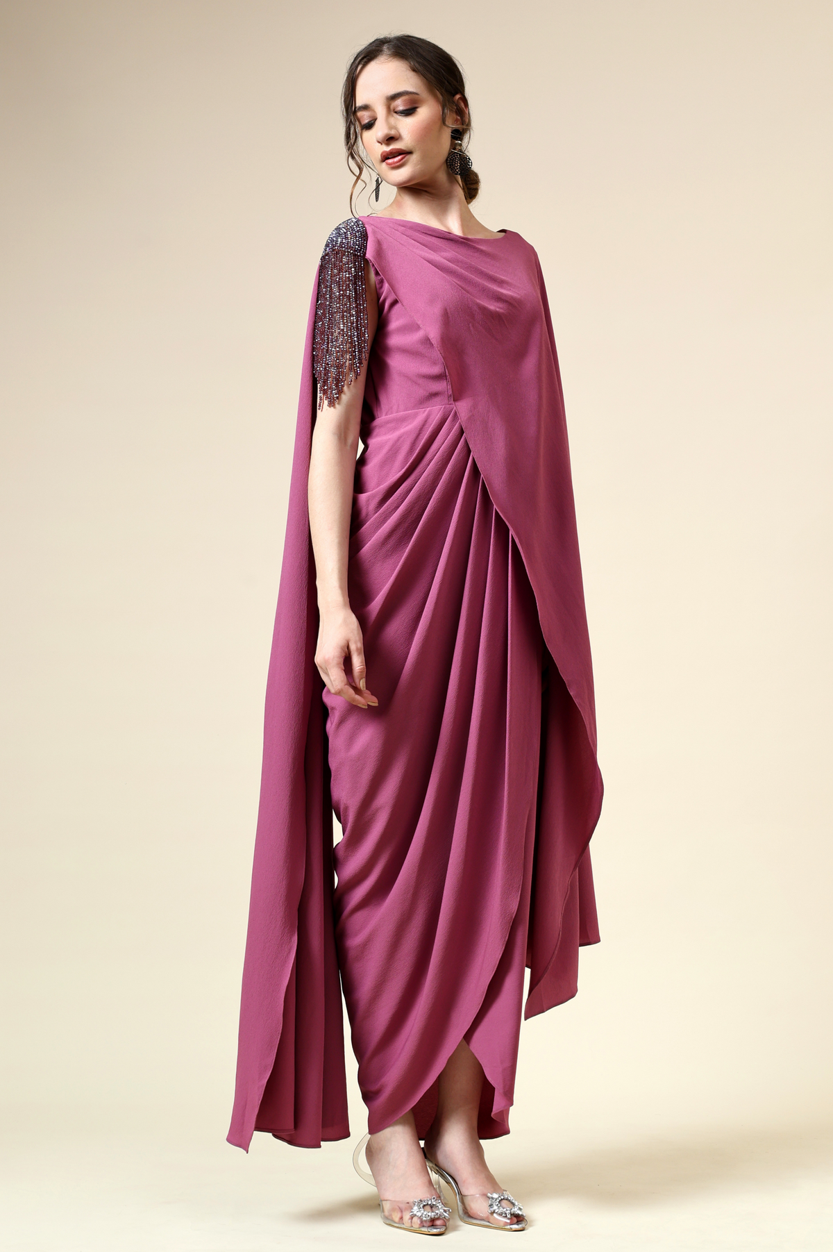 Pink Crystal Embellished Draped Dress