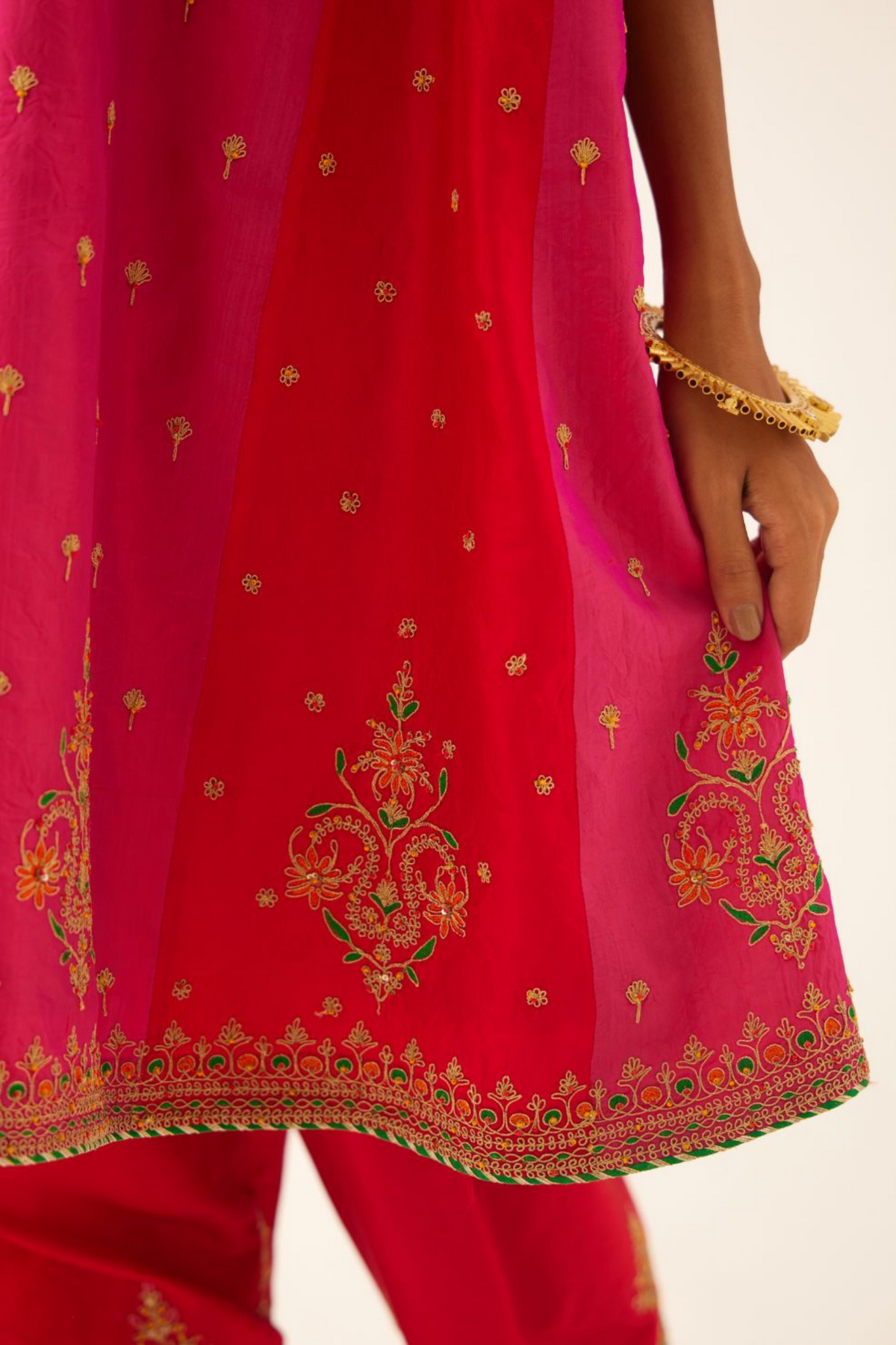 Red &amp; Fuchsia Silk Kalidar Kurta Set