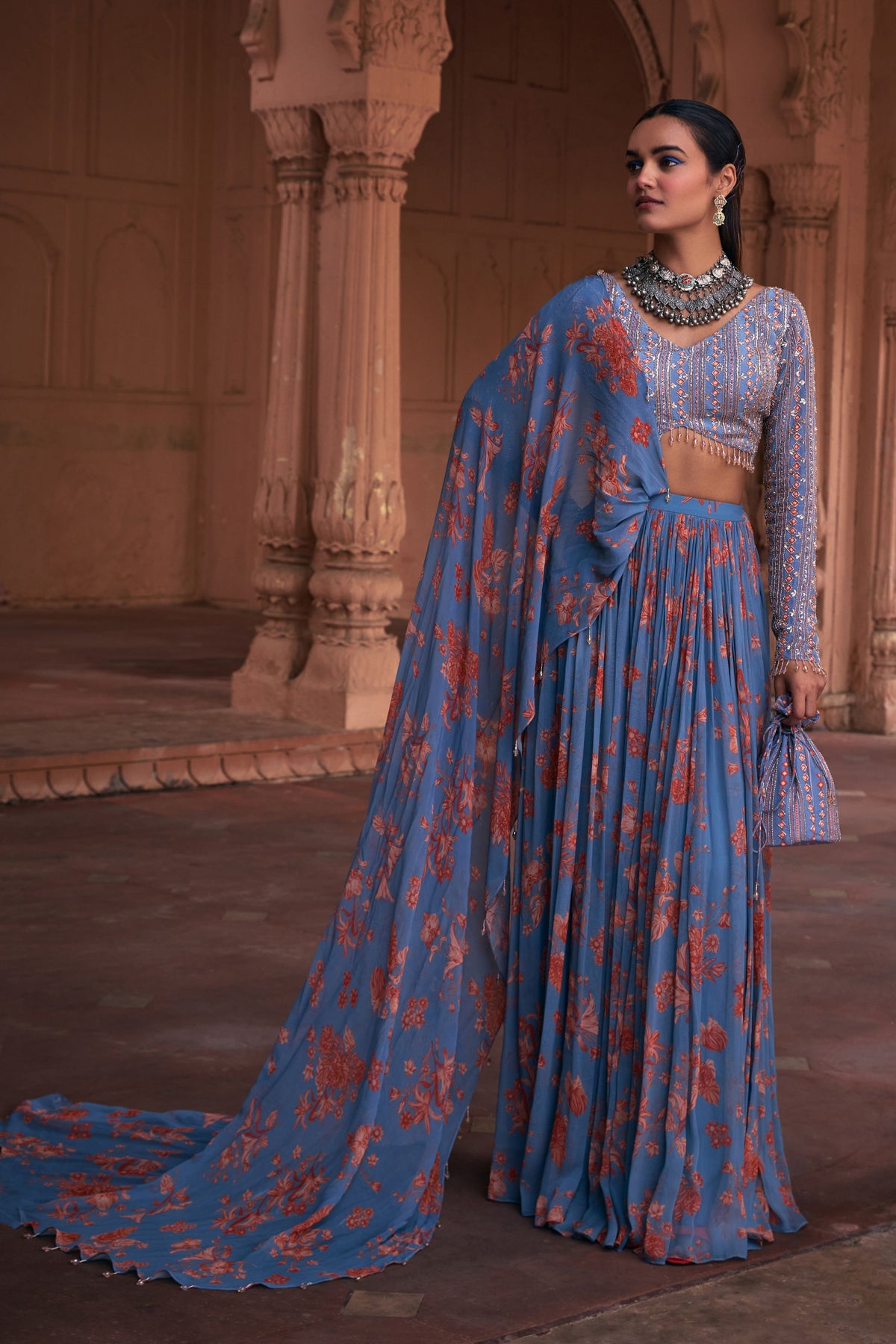 Slate Blue Draped Saree Set