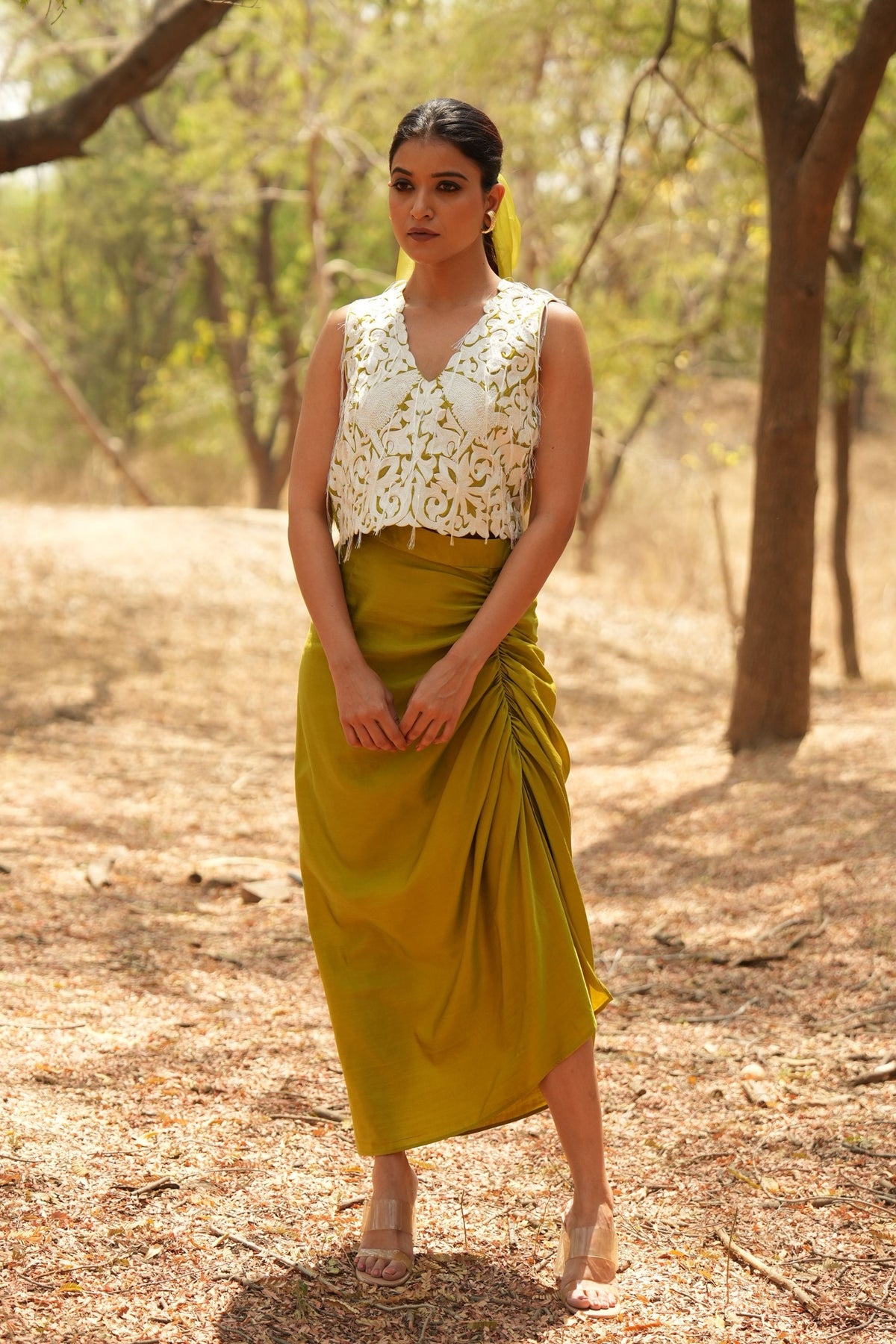 Lime Embroidered Sleeveless Jacket With Lime Skirt