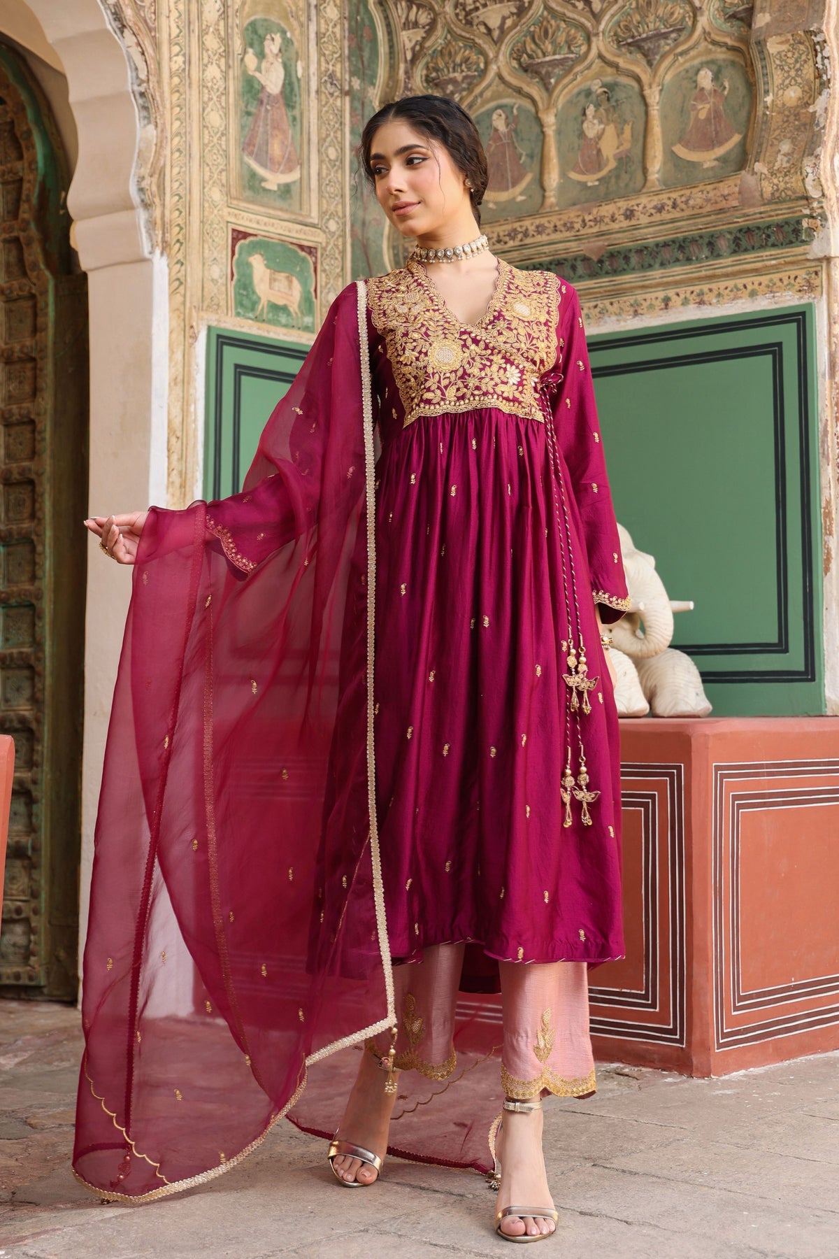 Overlap Frockstyle Wine Kurta Set