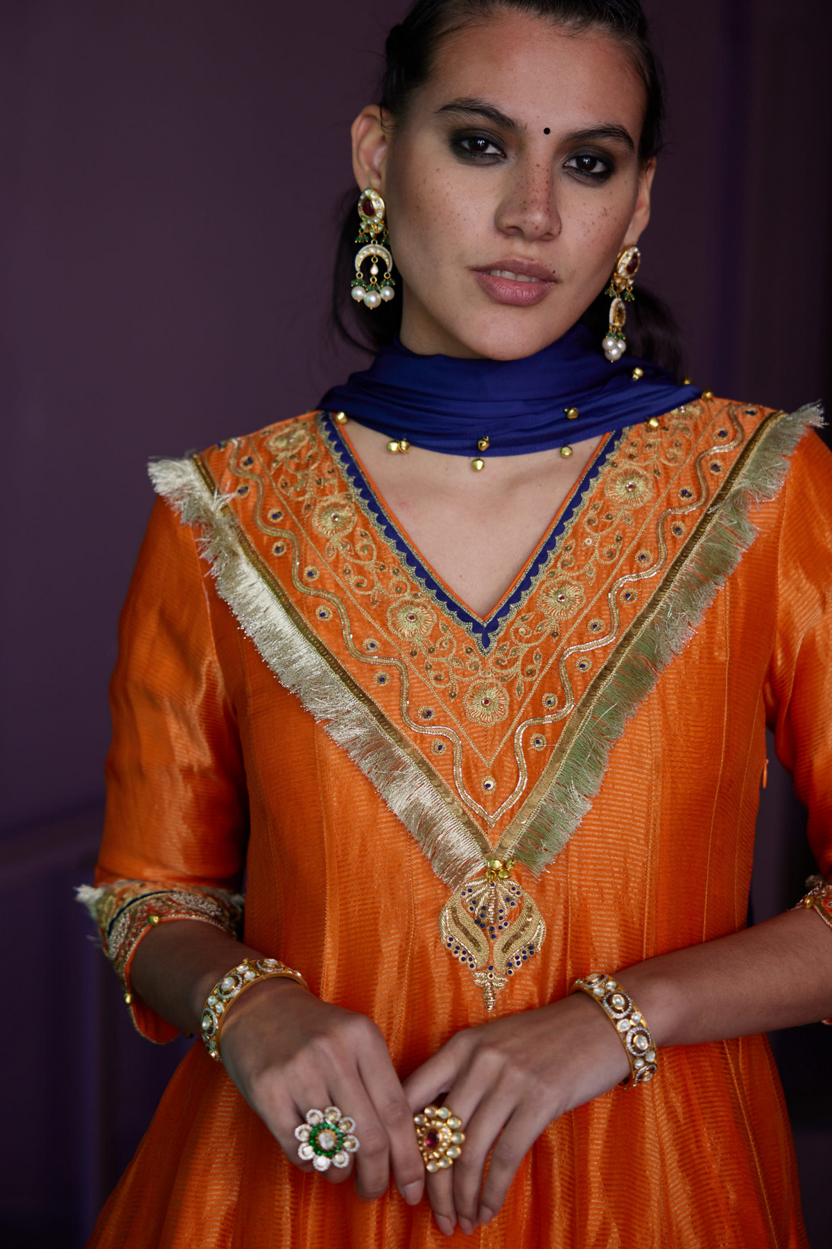 Orange Hand Embellished Kurti Set