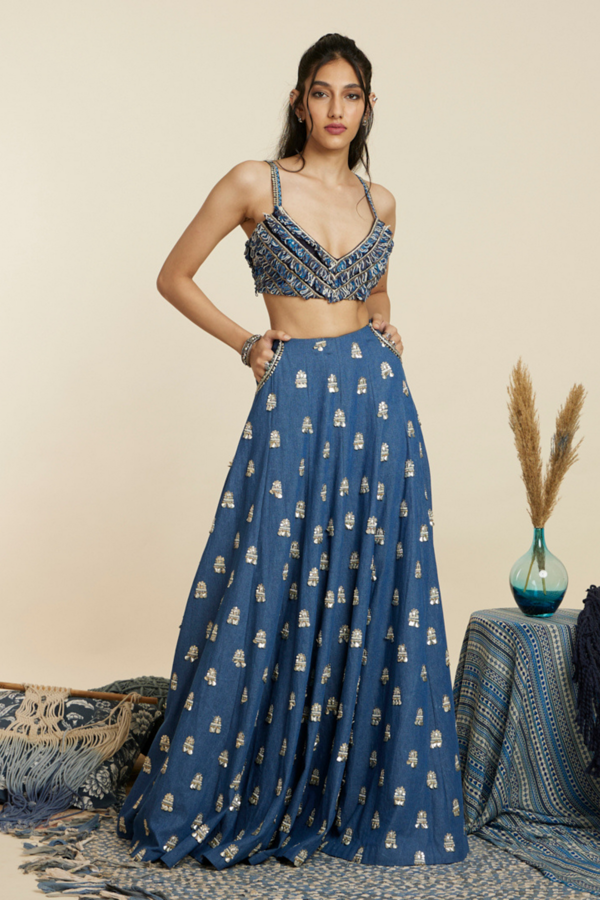 Blue Embellished Denim Lehenga Set