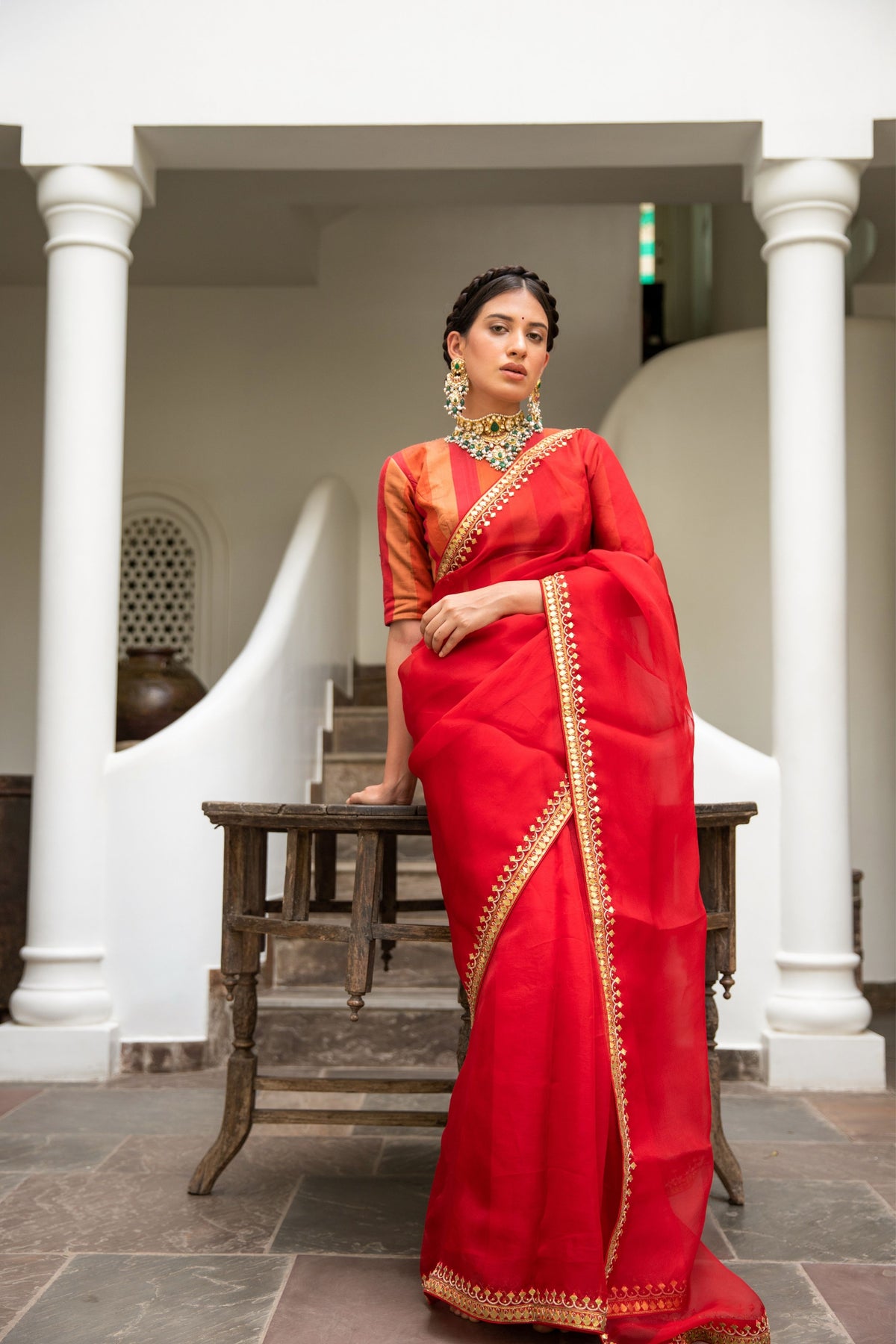 Red Gota Patti Border Saree Set