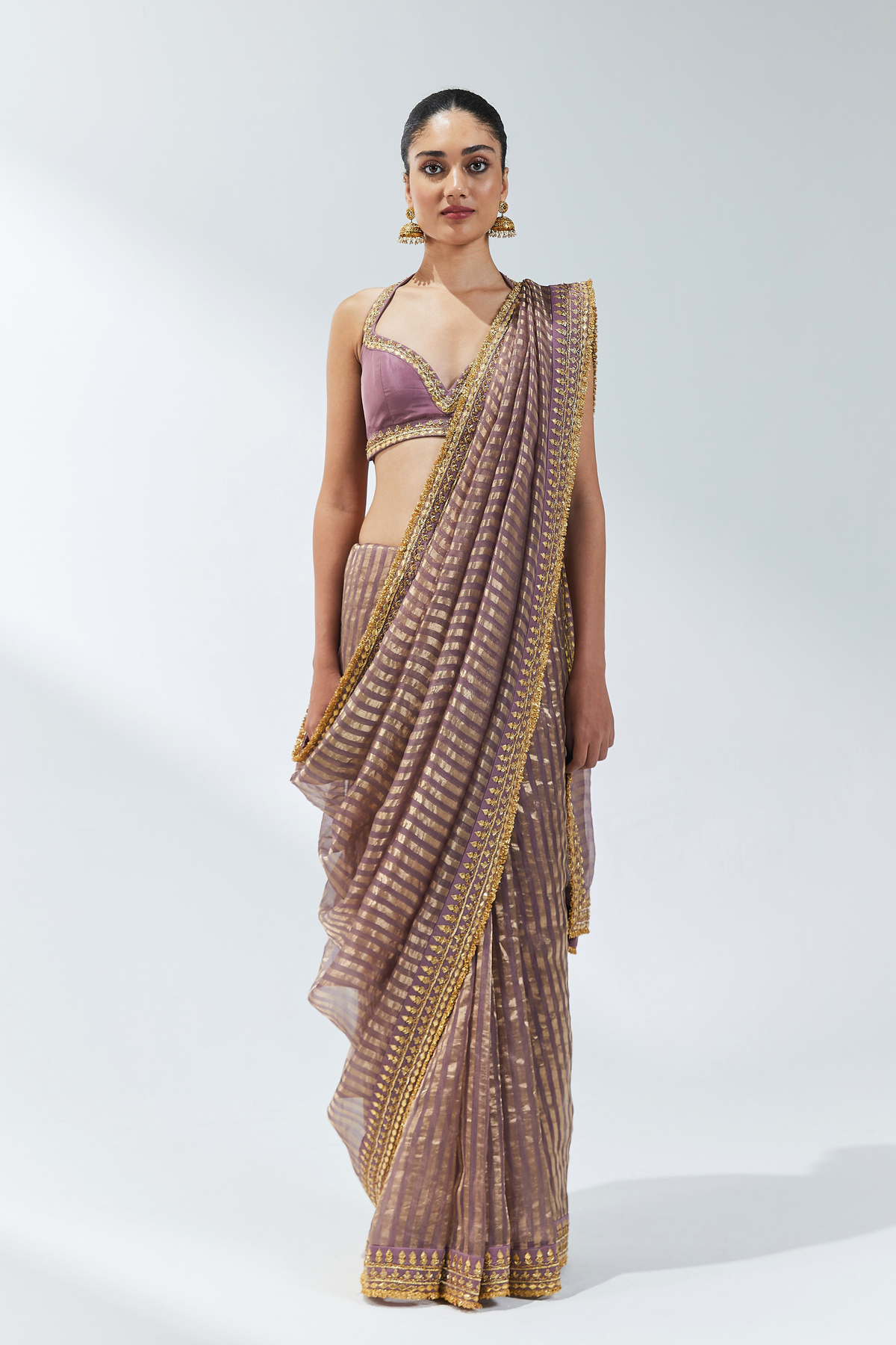 Dusty Mauve Embroidered Saree Set