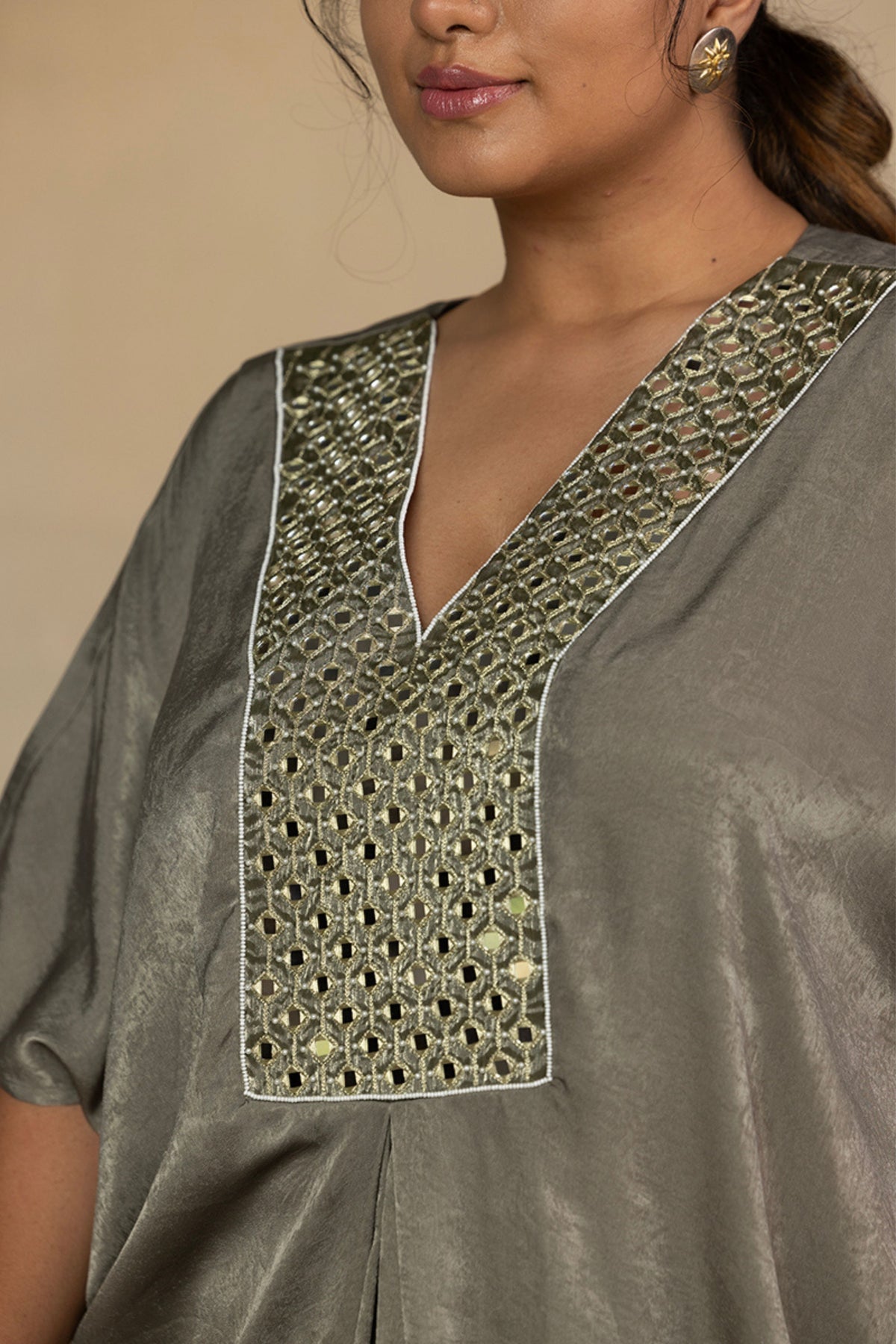 Moss Green Mirror Work Kaftan Dress