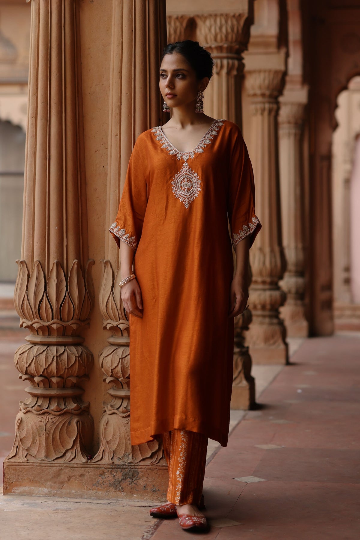 Orange Zardosi Embroidered Kurta Set