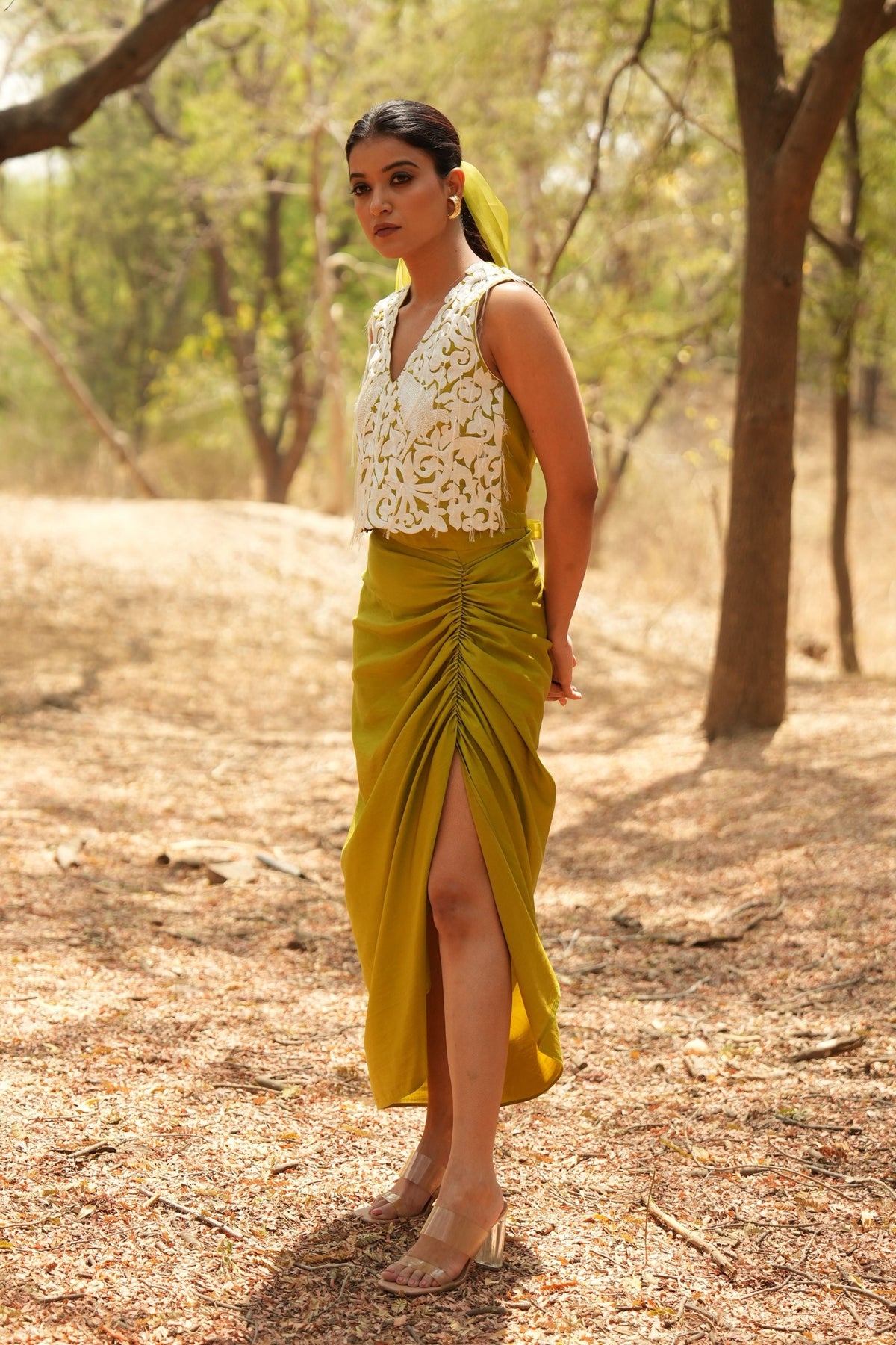 Lime Embroidered Sleeveless Jacket With Lime Skirt