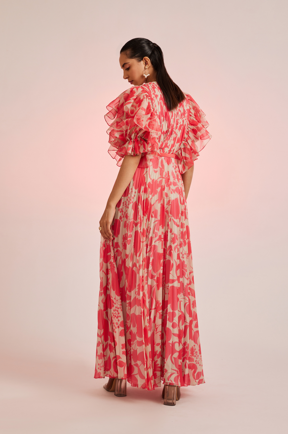 Coralie Pleated Maxi Dress With Ruffle Sleeves