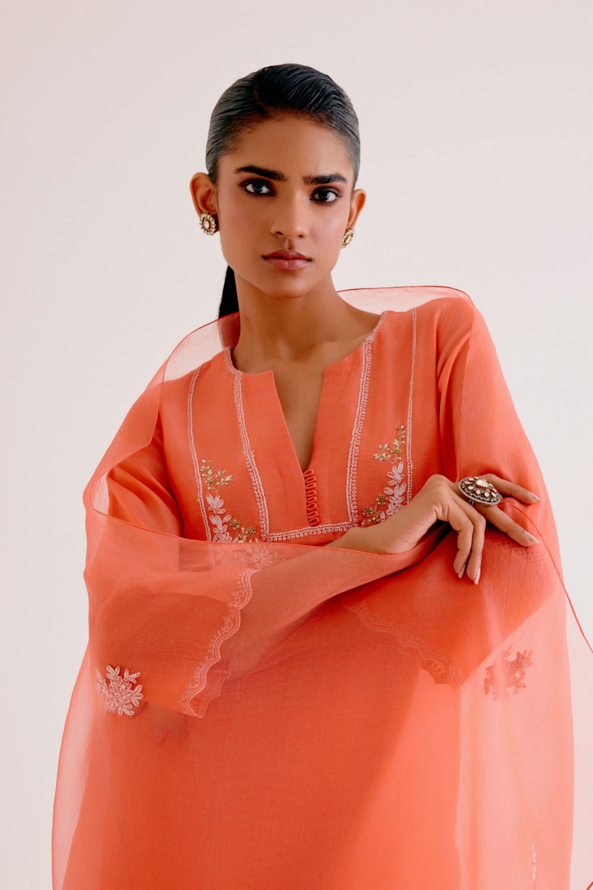 Orange Embroidered Kurta Set