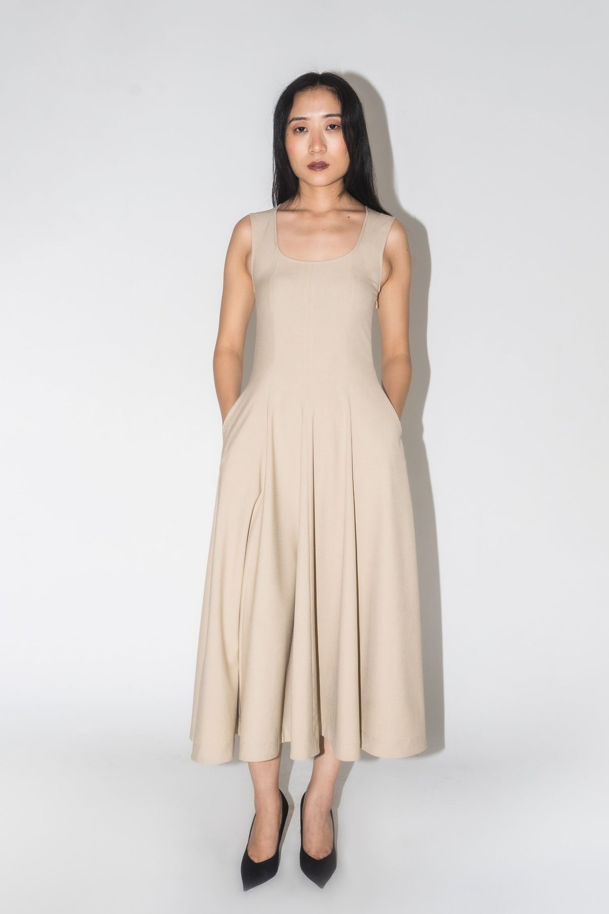 Scooped Panel Beige Dress