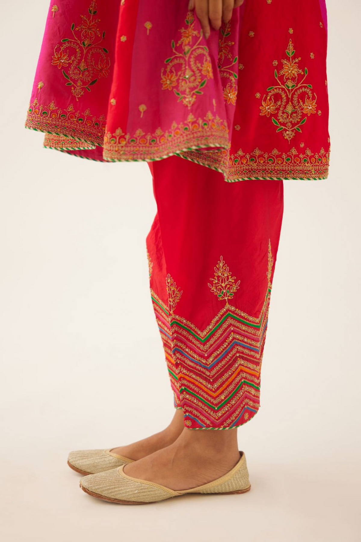 Red &amp; Fuchsia Silk Kalidar Kurta Set