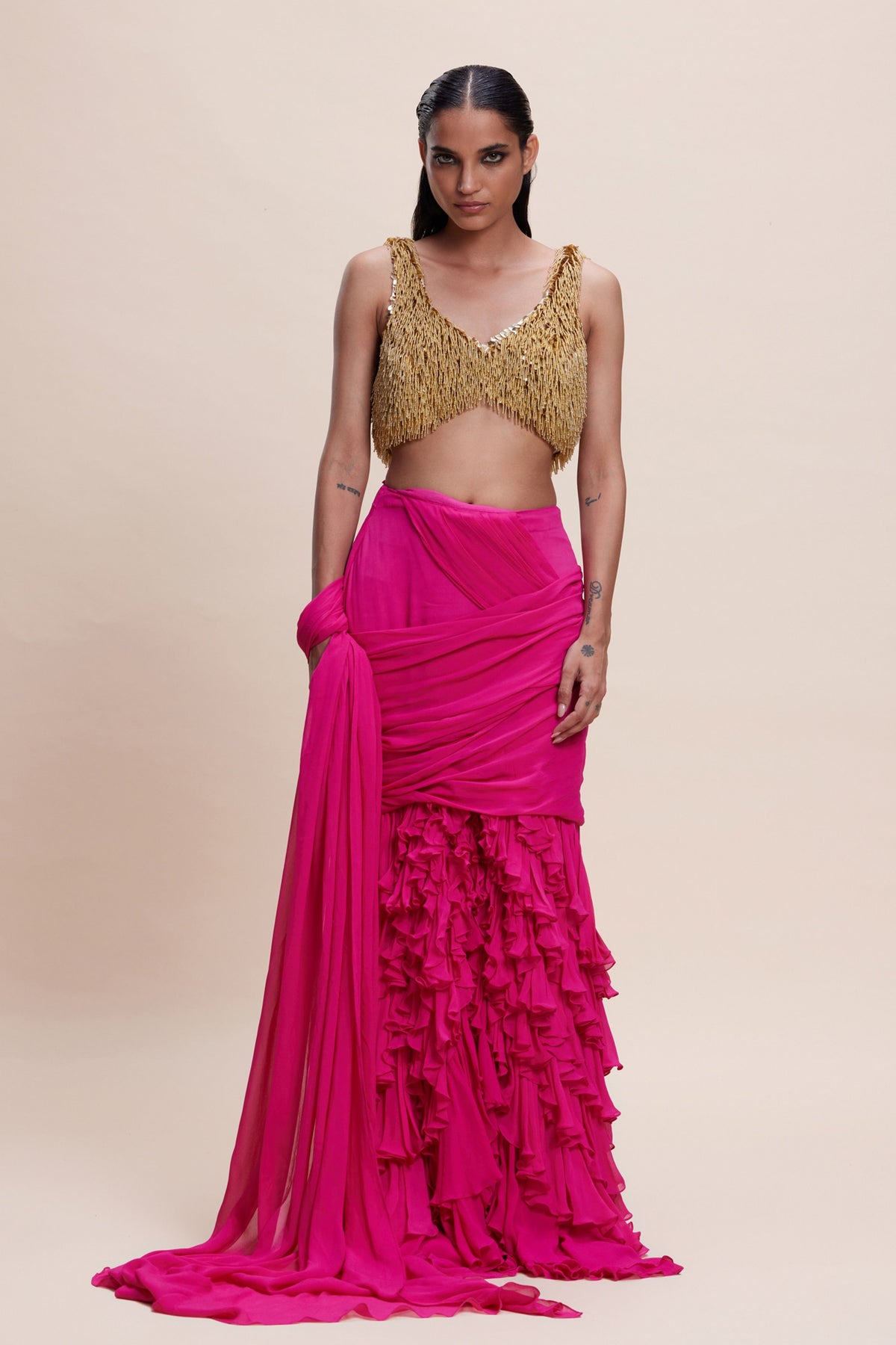 Hot Pink Ruffle Saree