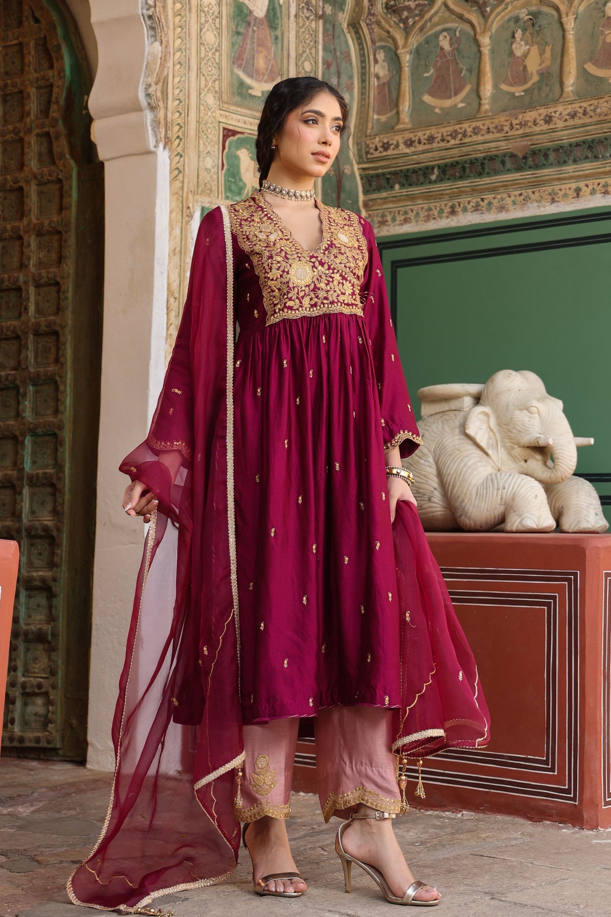 Overlap Frockstyle Wine Kurta Set