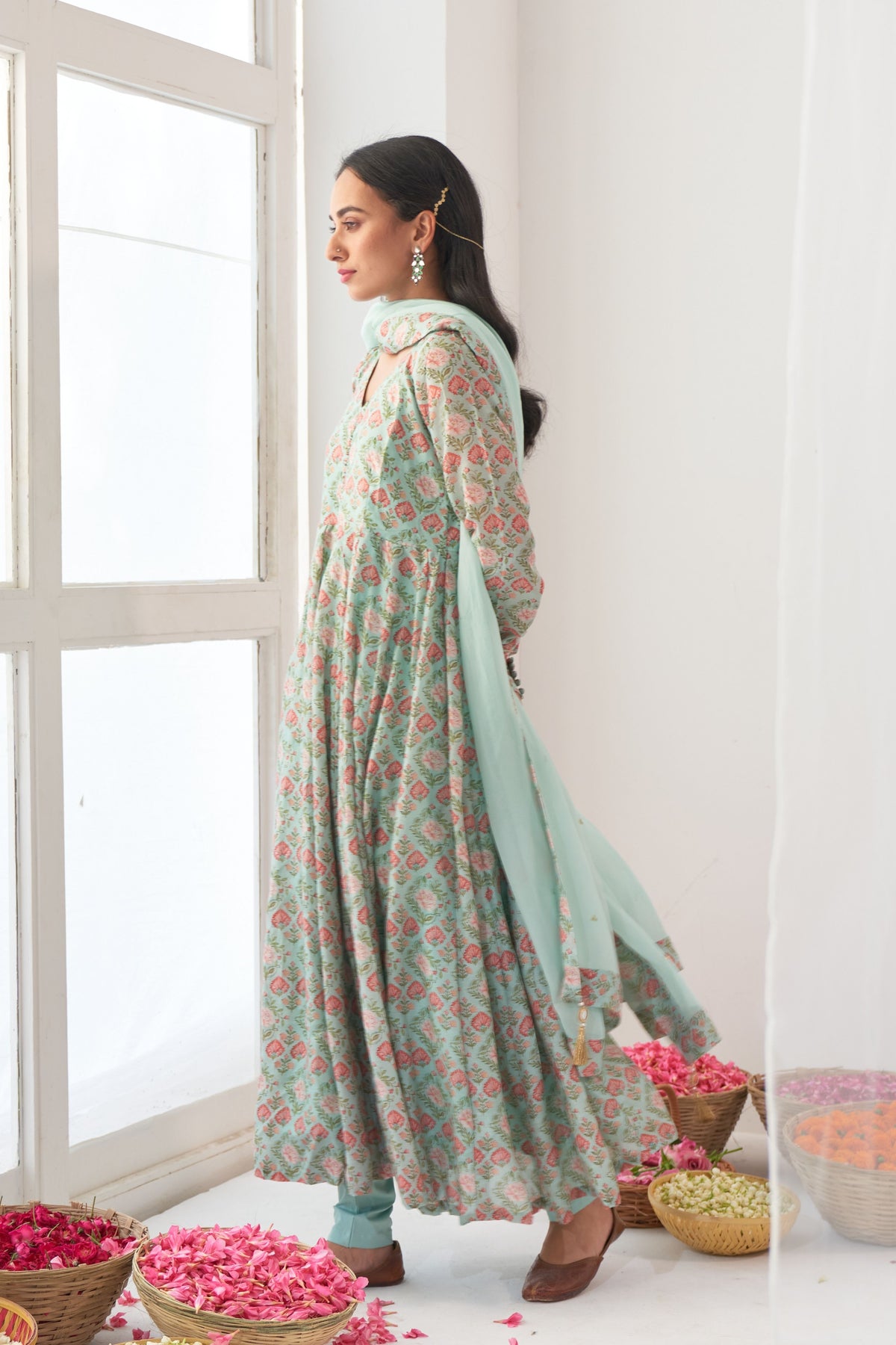 Aqua Peony Anarkali Set