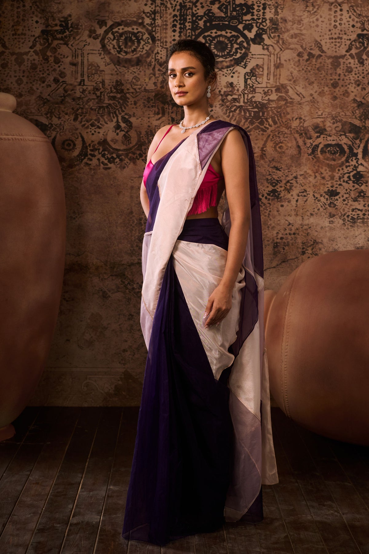 Hot Pink Blouse With Multicoloured Saree