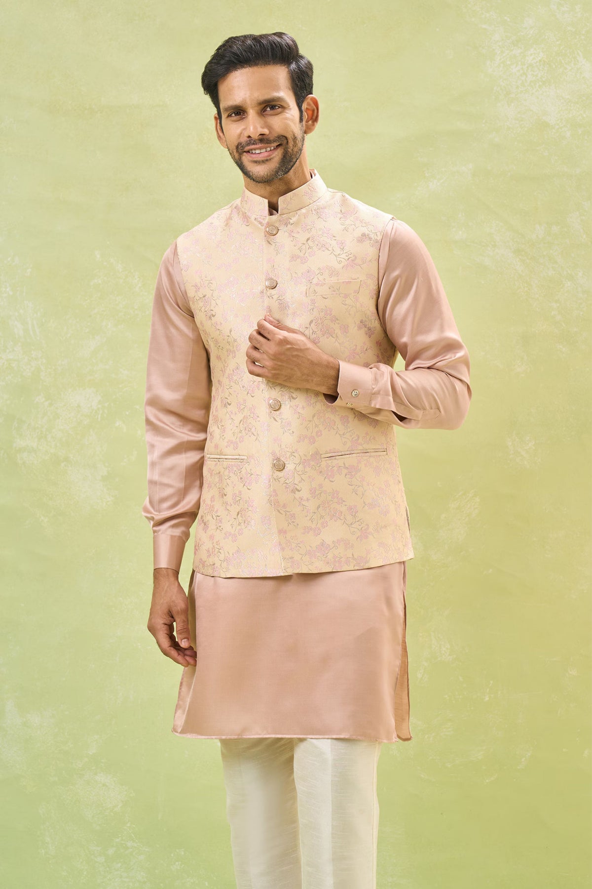 Pink Brocade Nehru Jacket Set