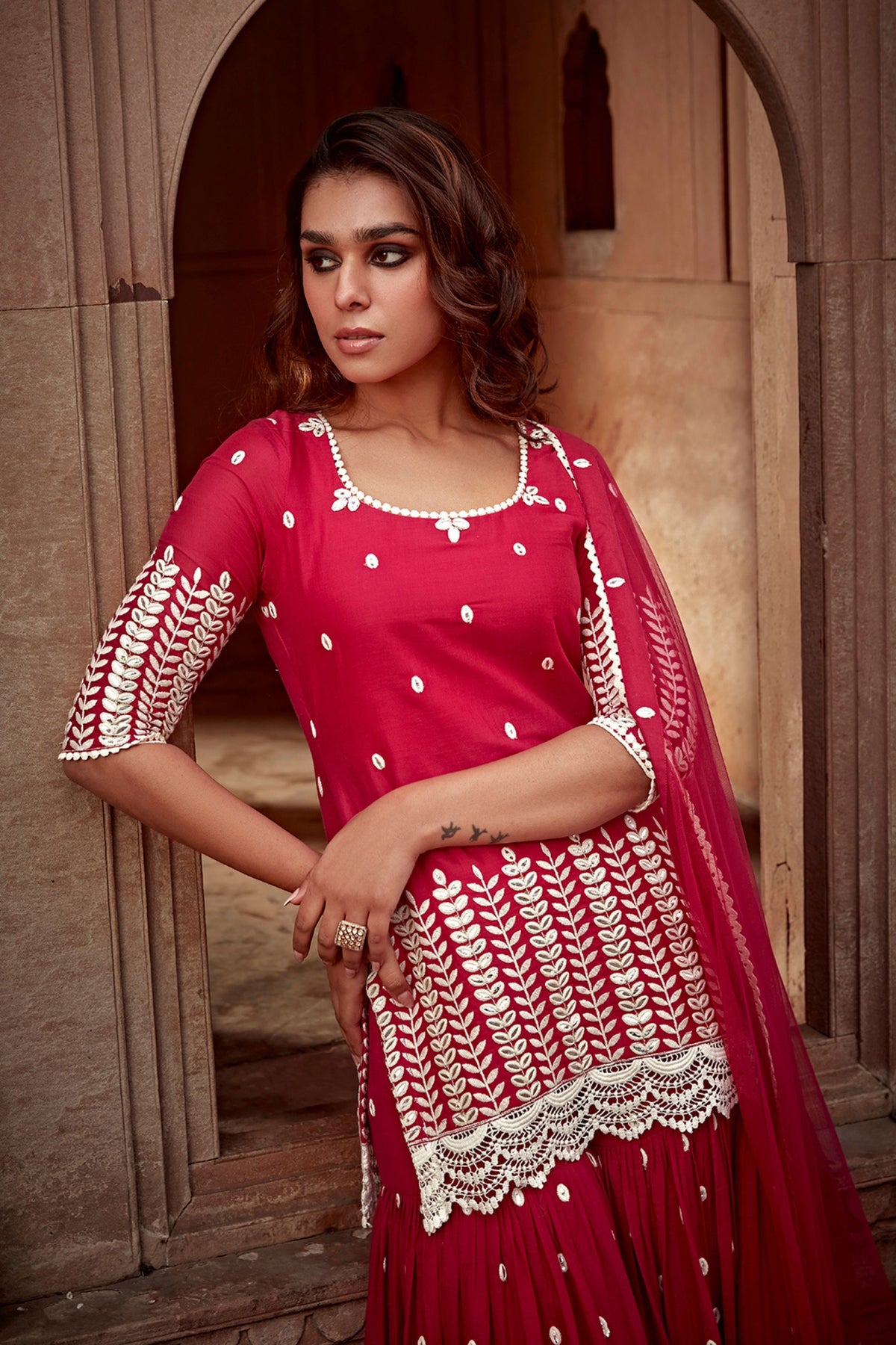 Red Leaf Straight Sharara Set