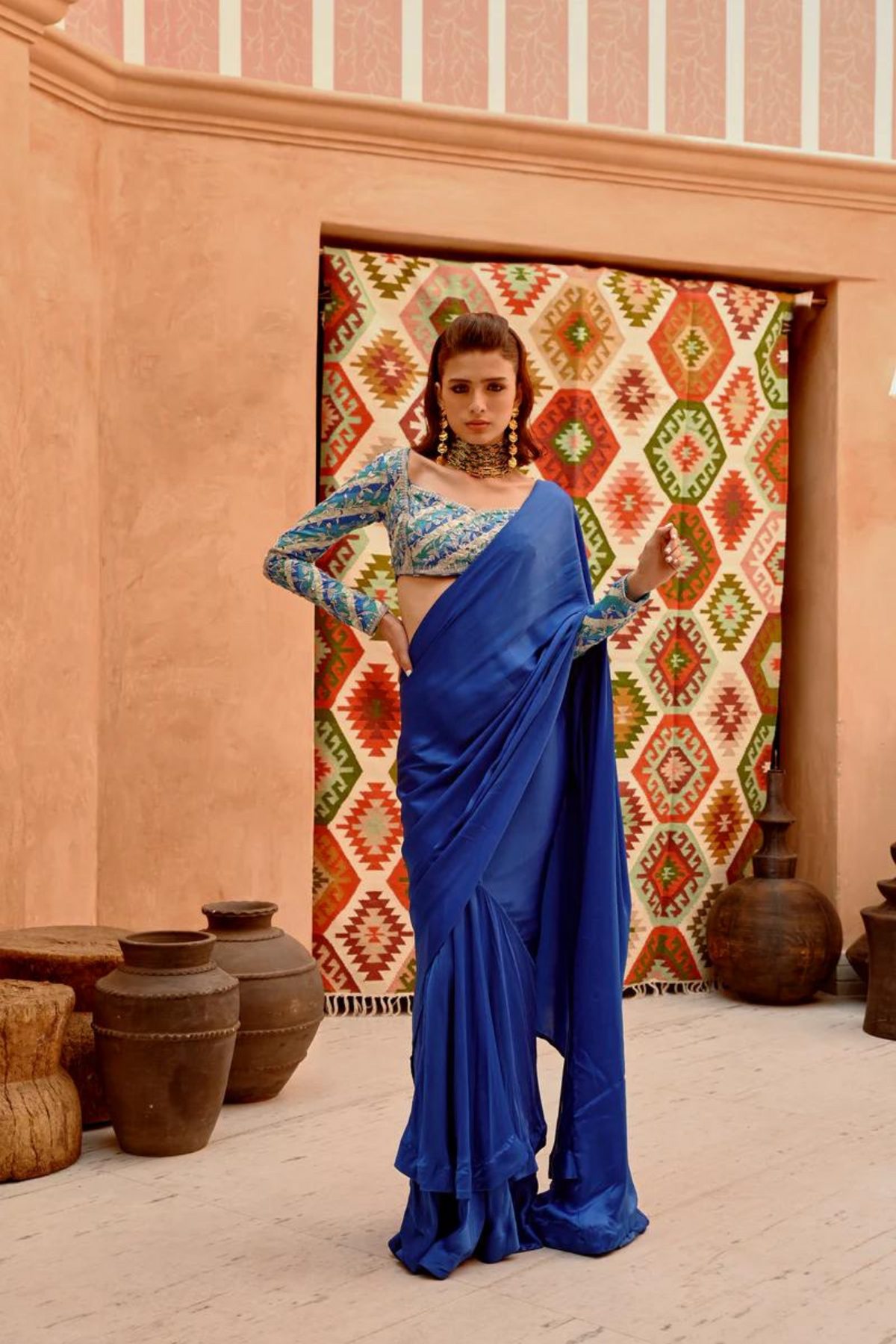 Cobalt Blue Drape Saree Set