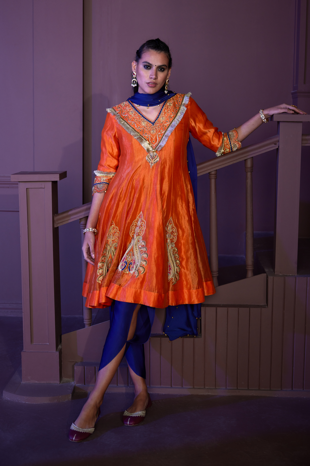 Orange Hand Embellished Kurti Set