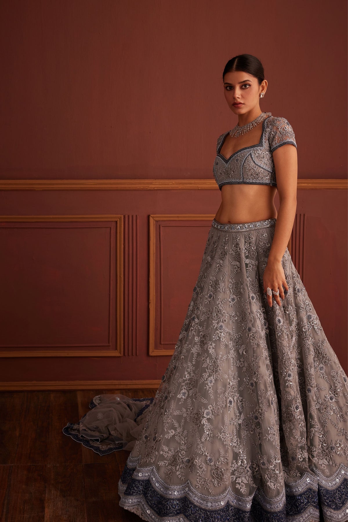 Grey Bead Embellished Scalloped Lehenga