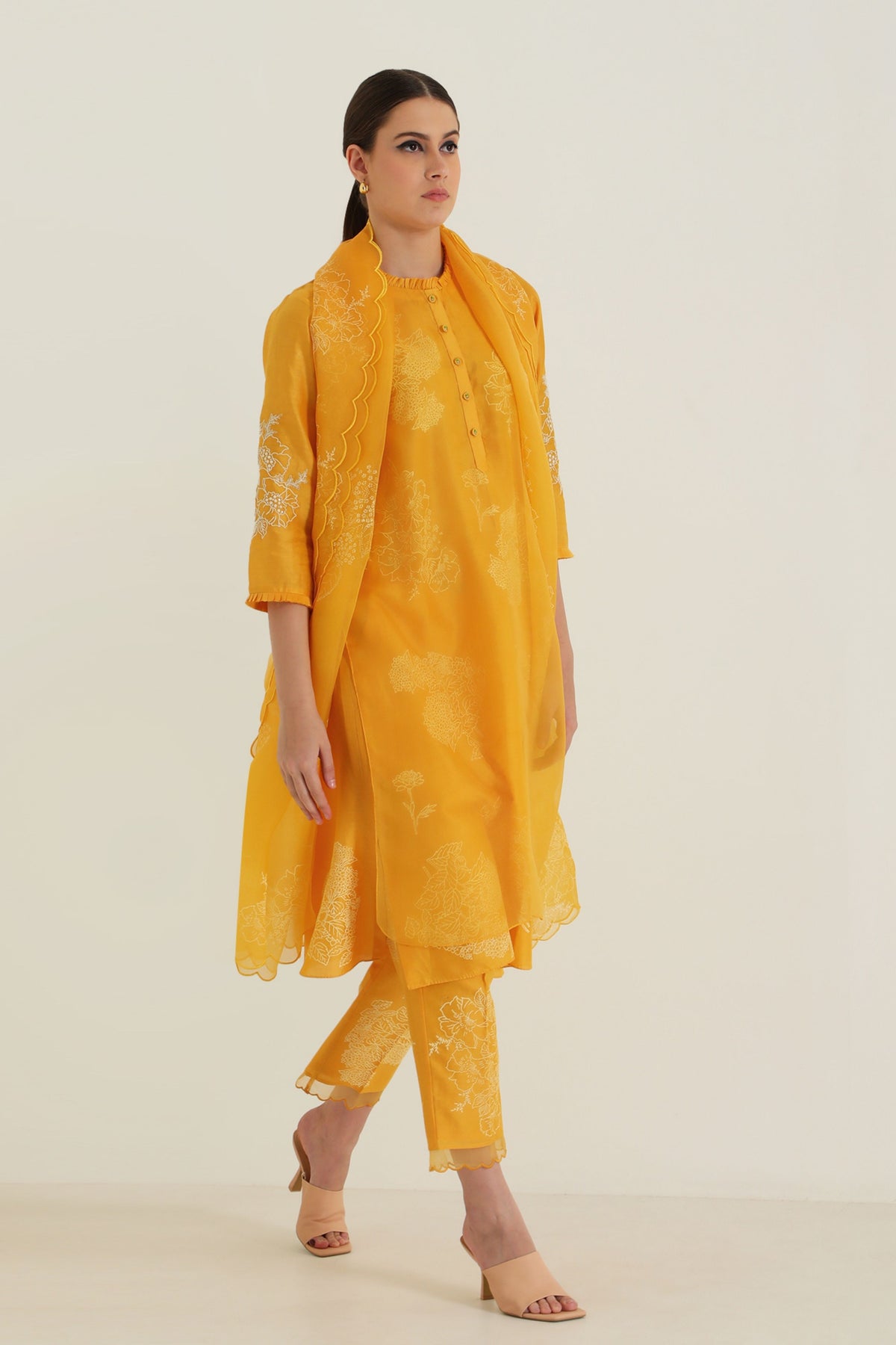 Printed Mustard Layered Kurta Set