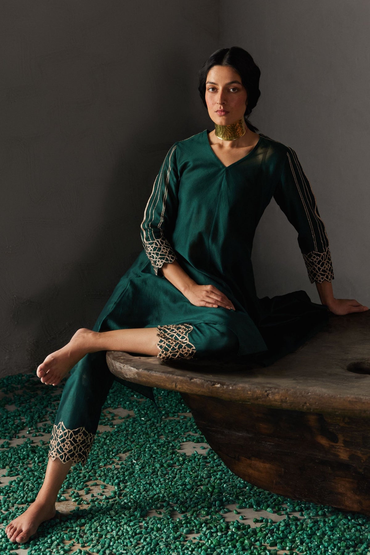 Forest Green Asymmetrical Kurta Set