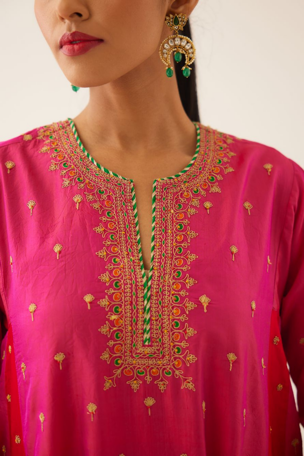 Red &amp; Fuchsia Silk Kalidar Kurta Set