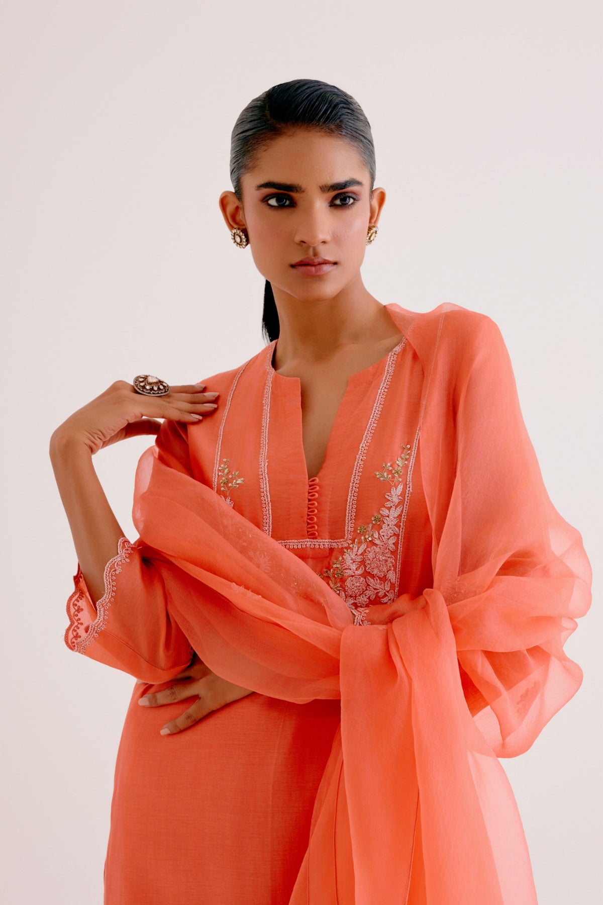 Orange Embroidered Kurta Set