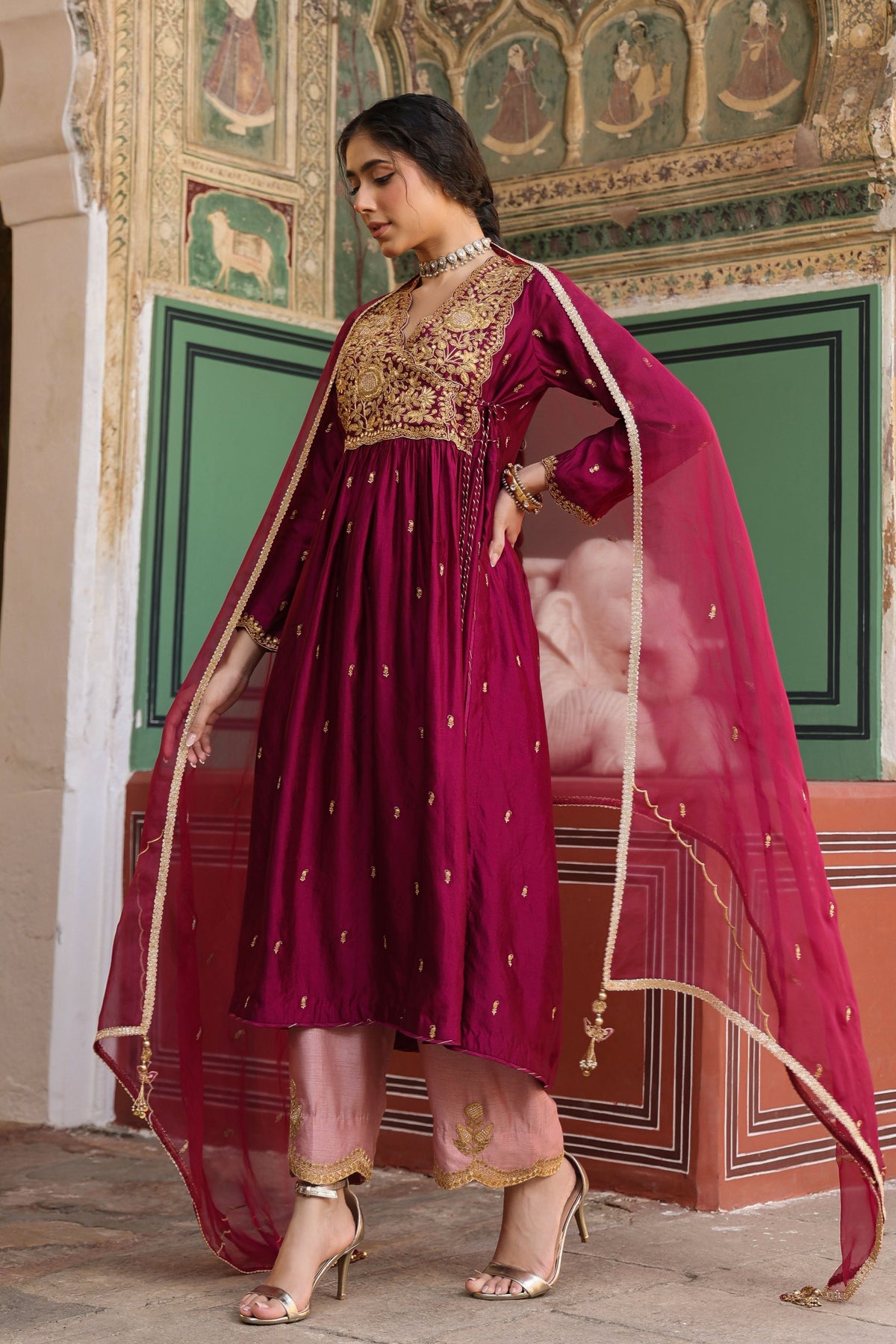 Overlap Frockstyle Wine Kurta Set