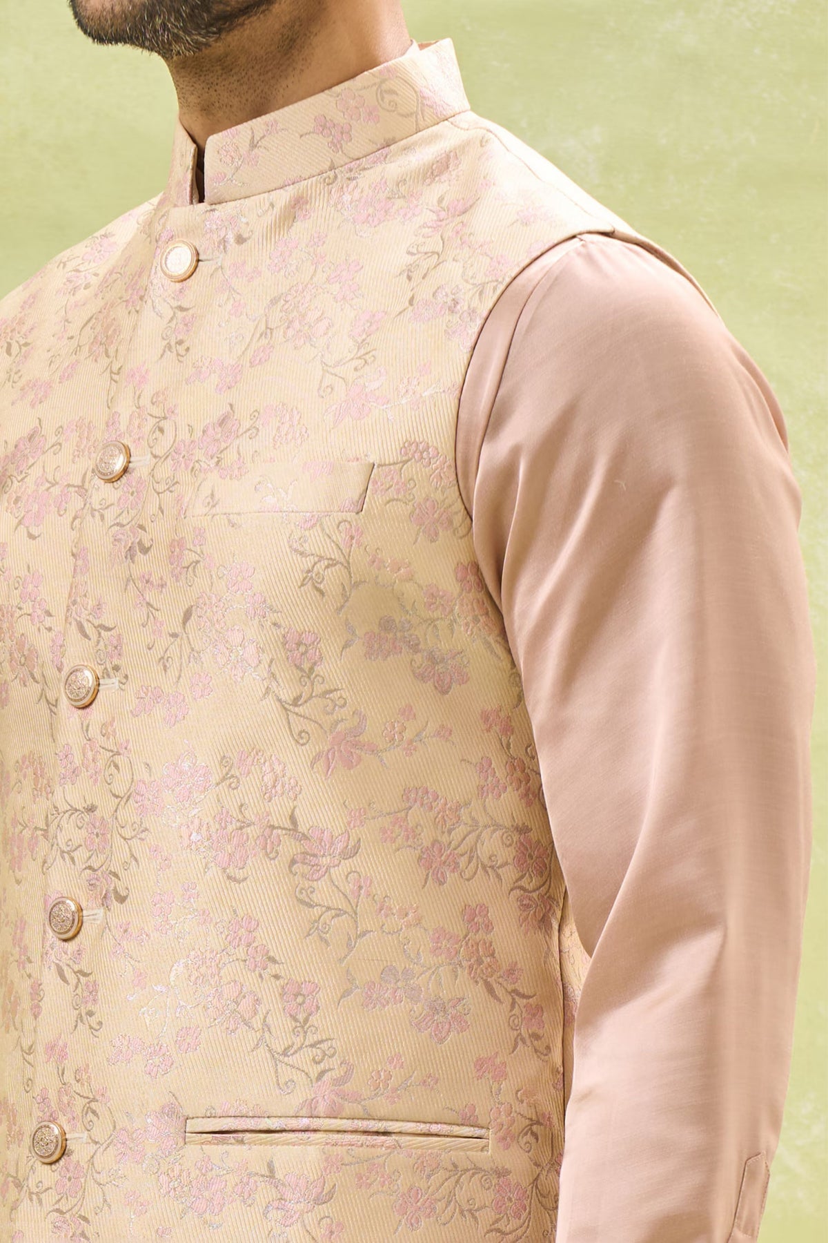 Pink Brocade Nehru Jacket Set