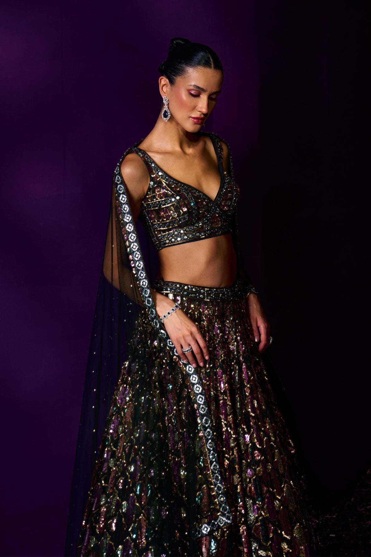 Emerald Green Crystals Lehenga Set