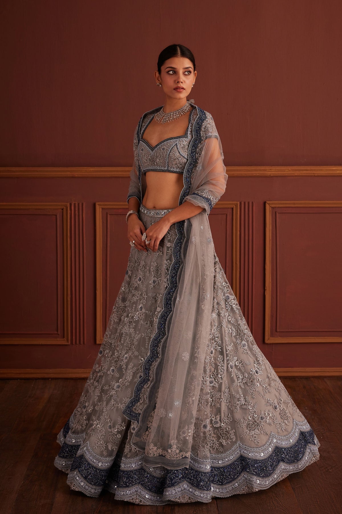 Grey Bead Embellished Scalloped Lehenga