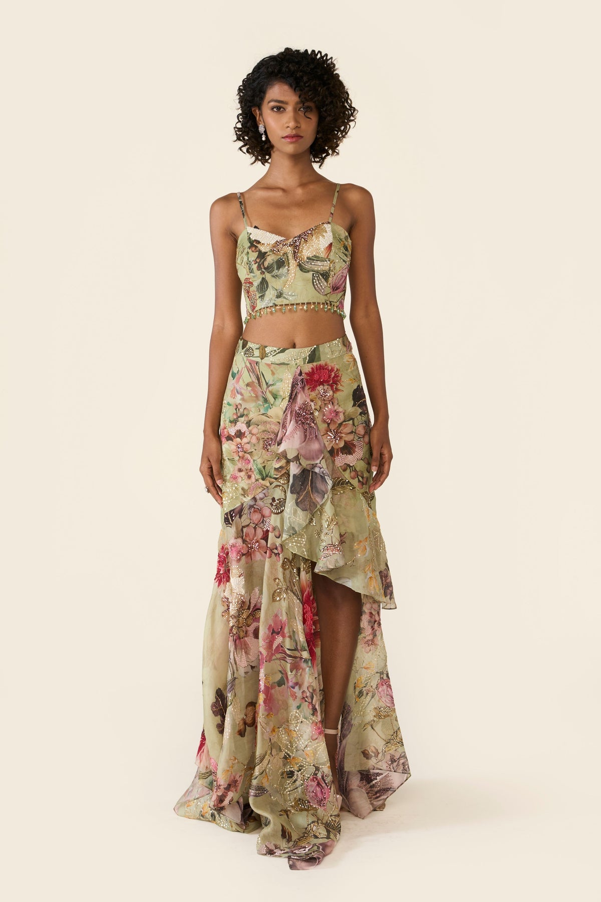 Green Printed Asymmetric Skirt Set