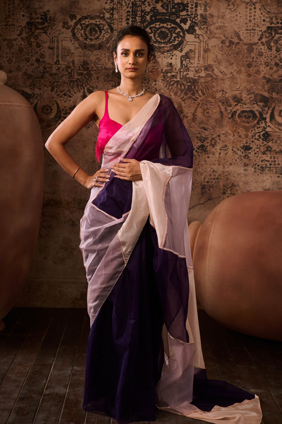 Hot Pink Blouse With Multicoloured Saree