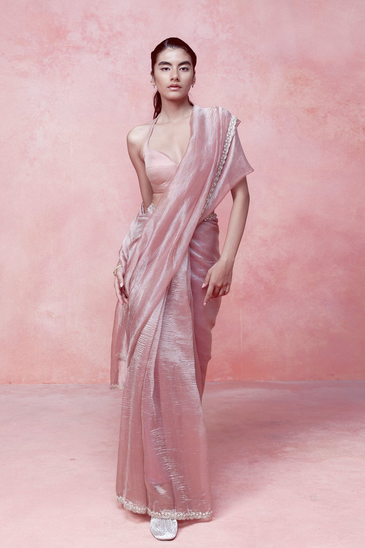 Handwoven Quartz Pink Tissue Saree