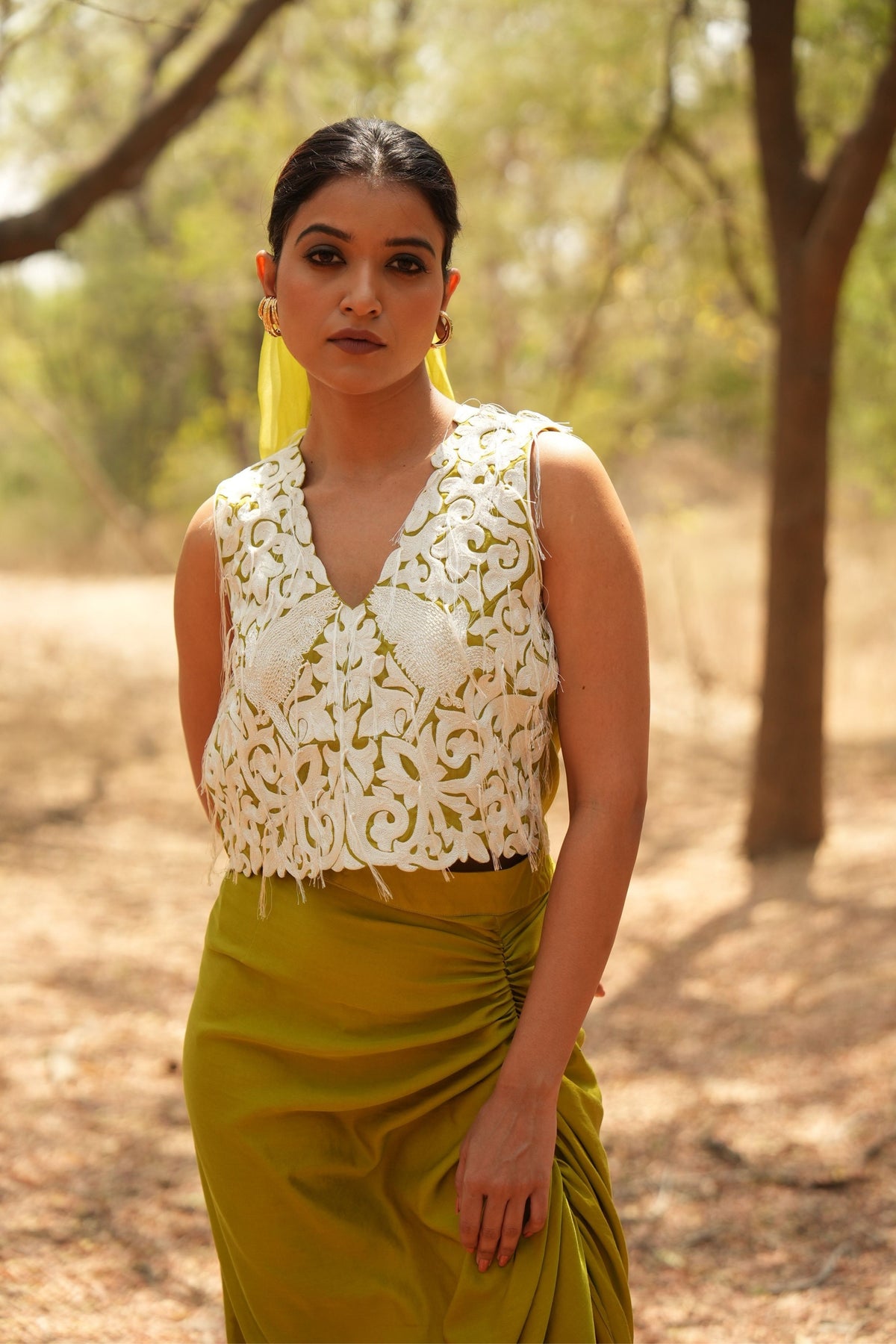 Lime Embroidered Sleeveless Jacket With Lime Skirt