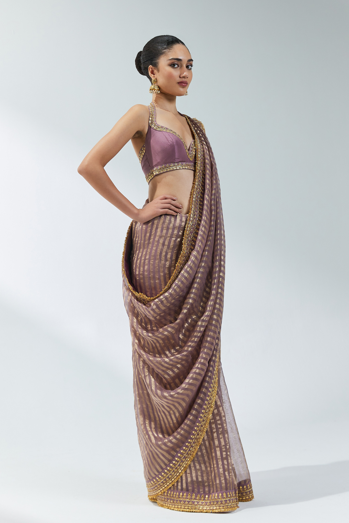 Dusty Mauve Embroidered Saree Set