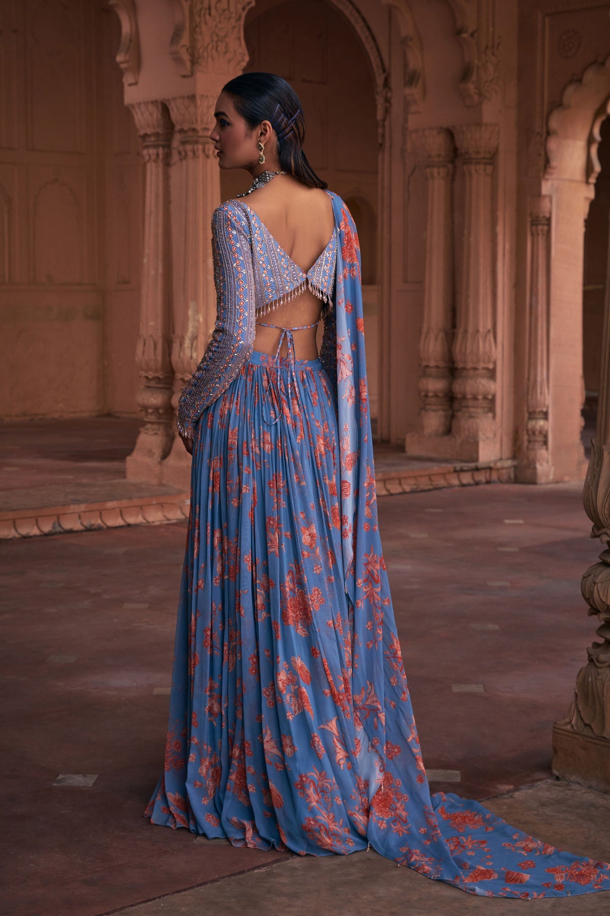 Slate Blue Draped Saree Set