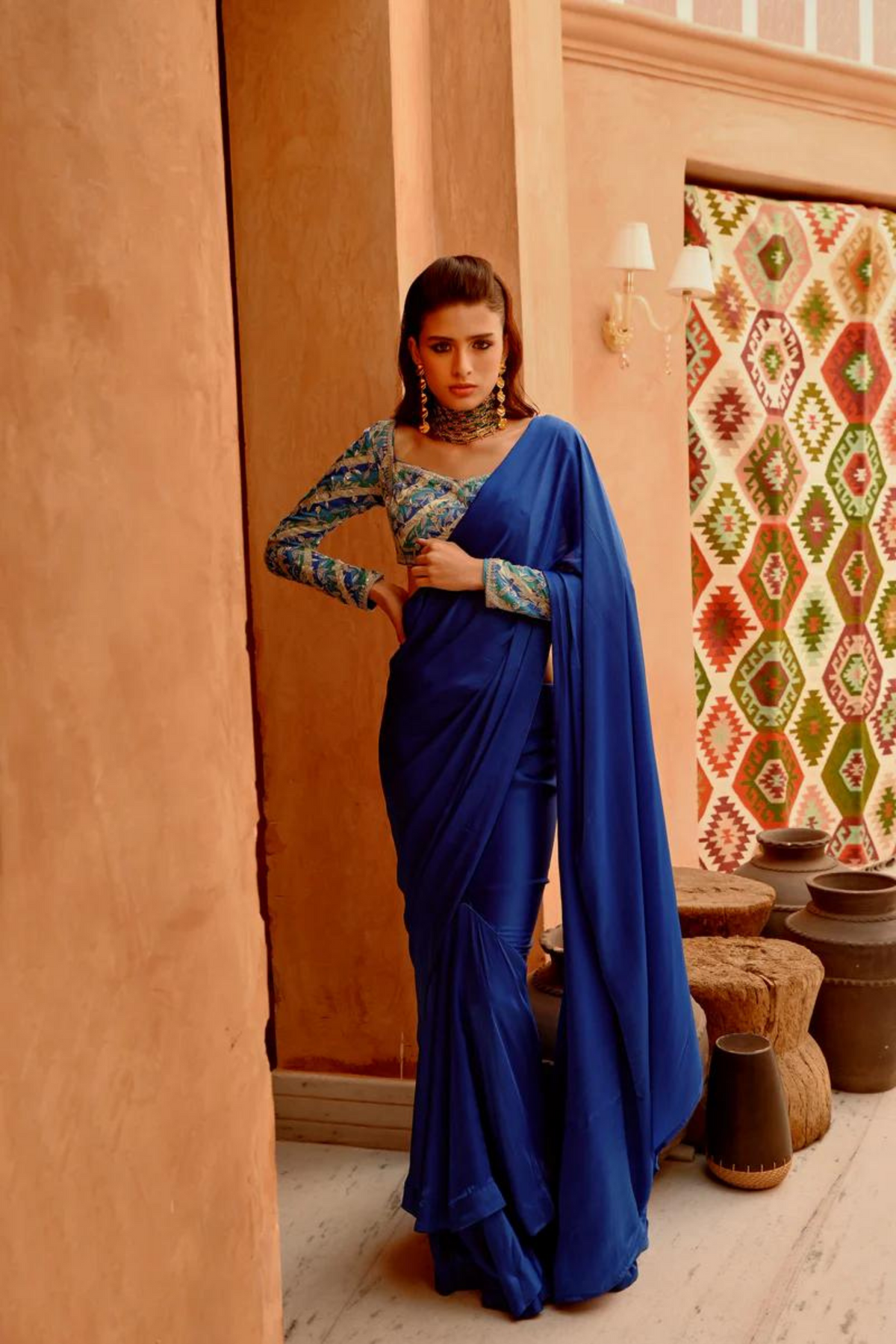 Cobalt Blue Drape Saree Set