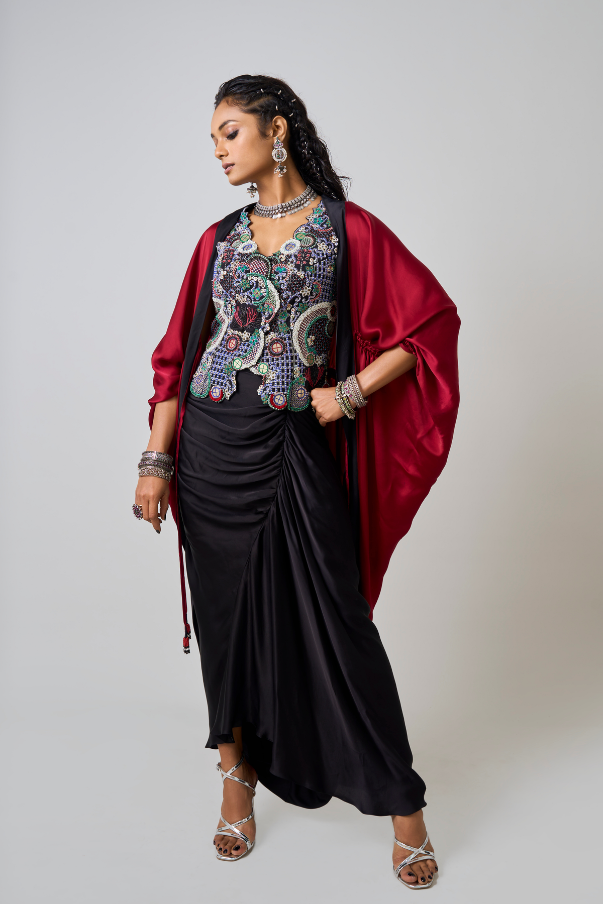 Black Embroidered Floral Cape Set